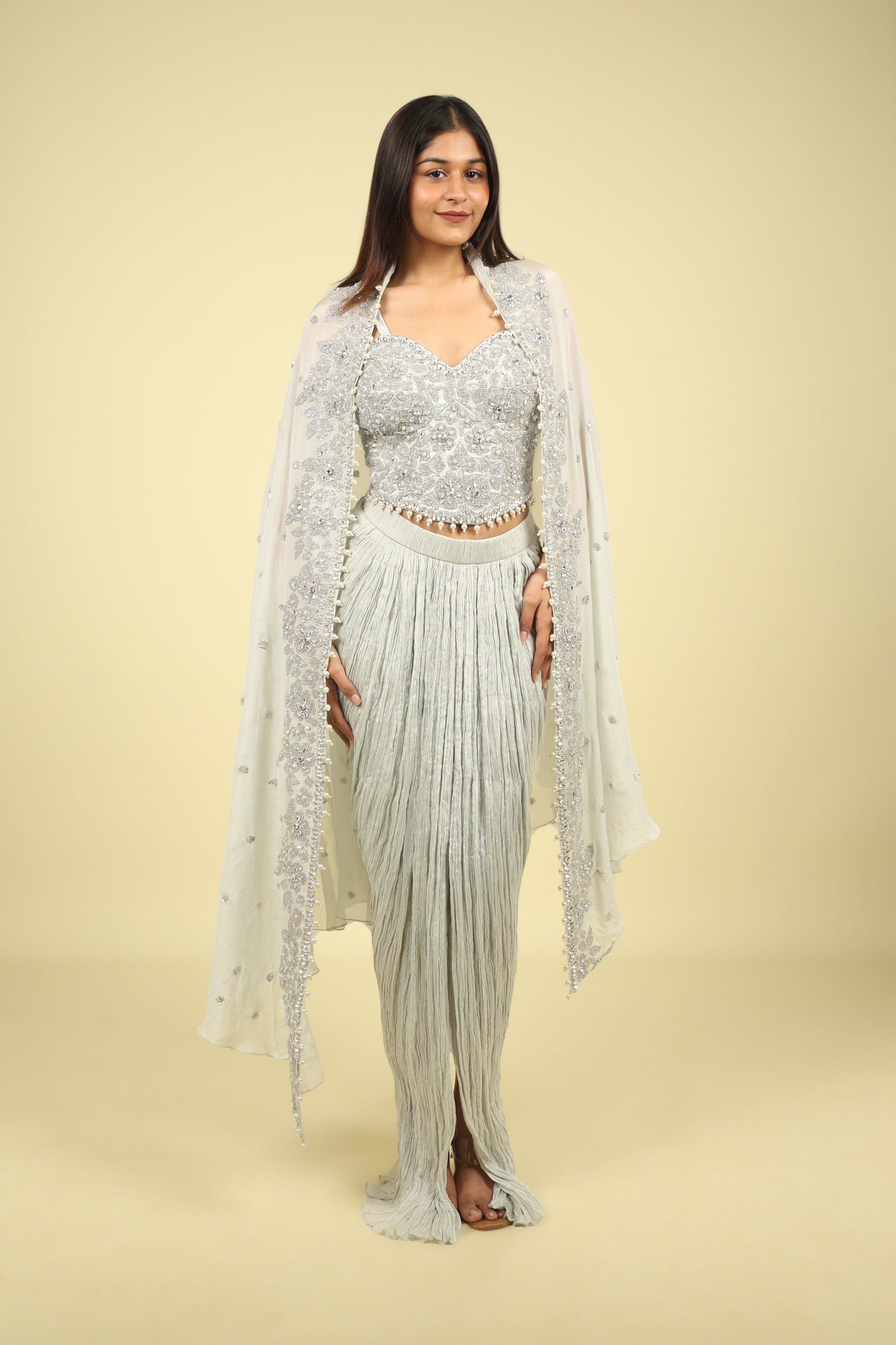 Grey Chinon Corset Skirt Set with Sequin, Cutdana & Stone Embroidery - Mokshaa