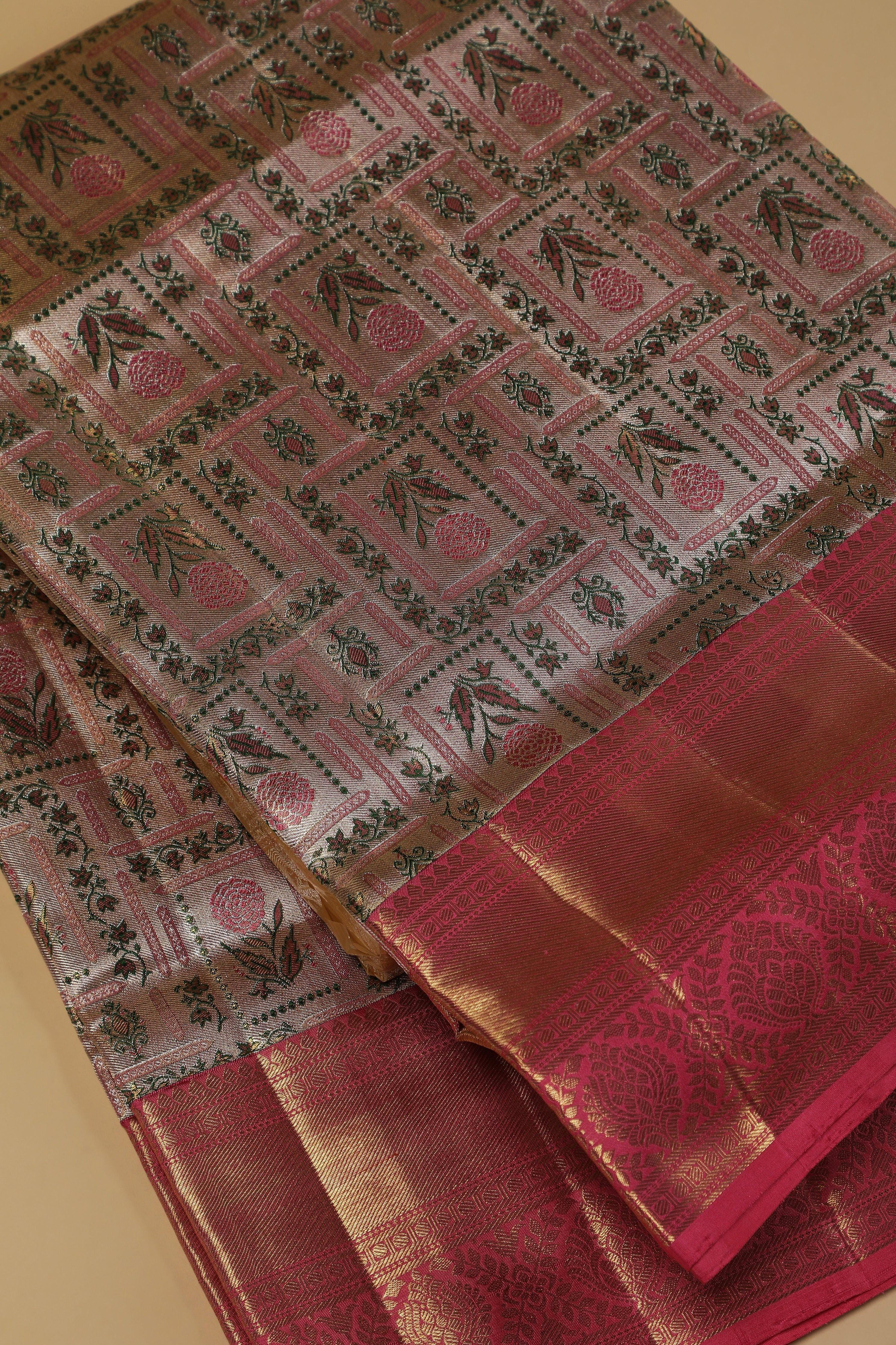 Antique Rose Gold Tissue Silk Saree with Floral Jaal and Peach Border - Mokshaa