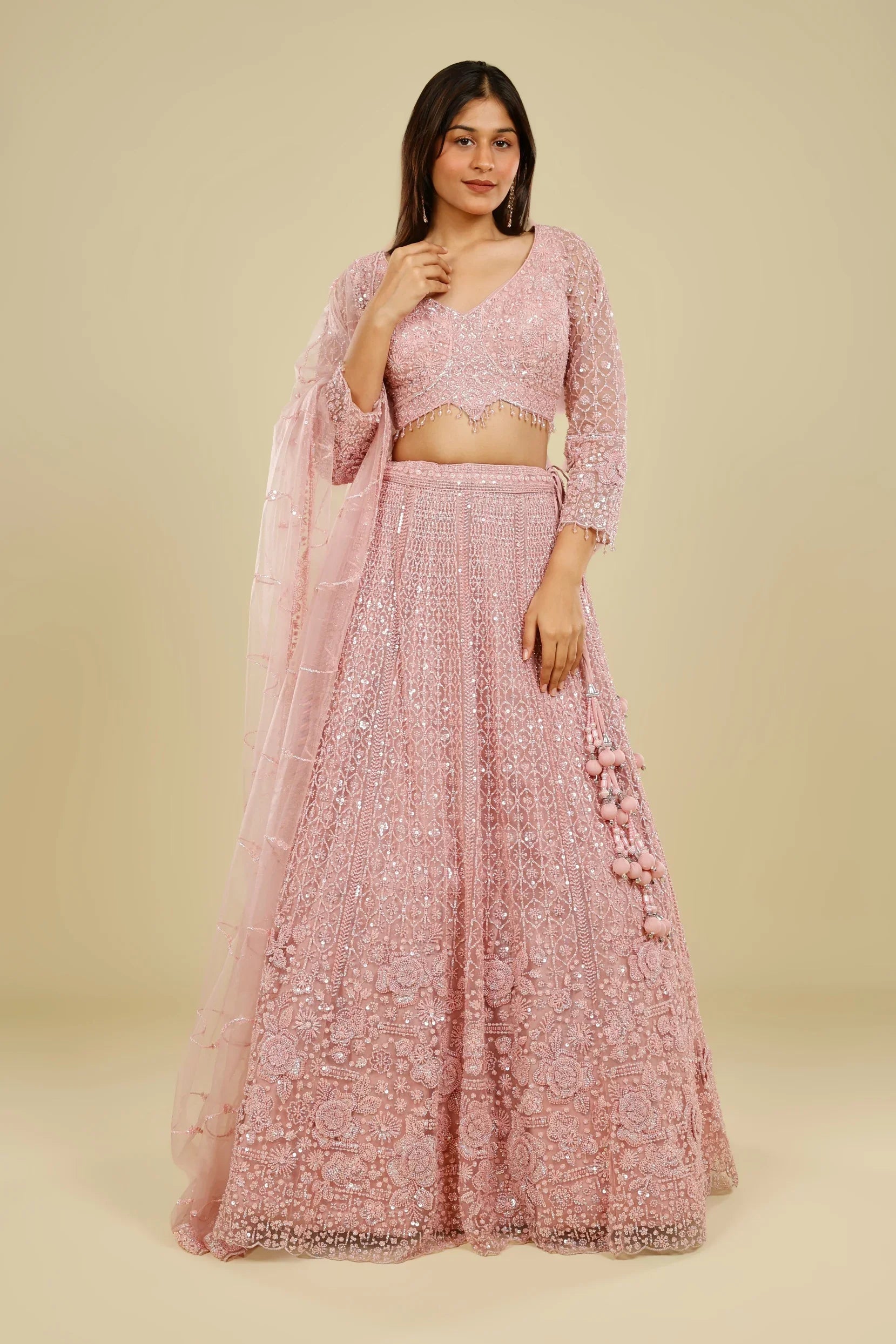 Blush Pink Net Lehenga Set with Pearl, Sequin & Cutdana Embroidery - Mokshaa