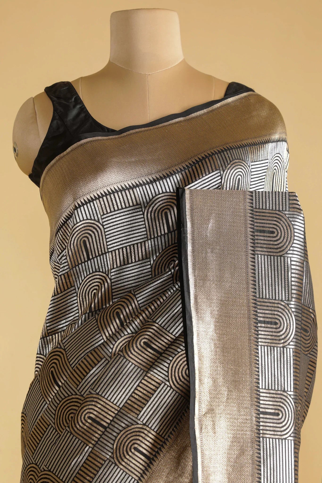 Black Banarasi Silk Saree with Gold & Silver Zari Box Weaving - Mokshaa
