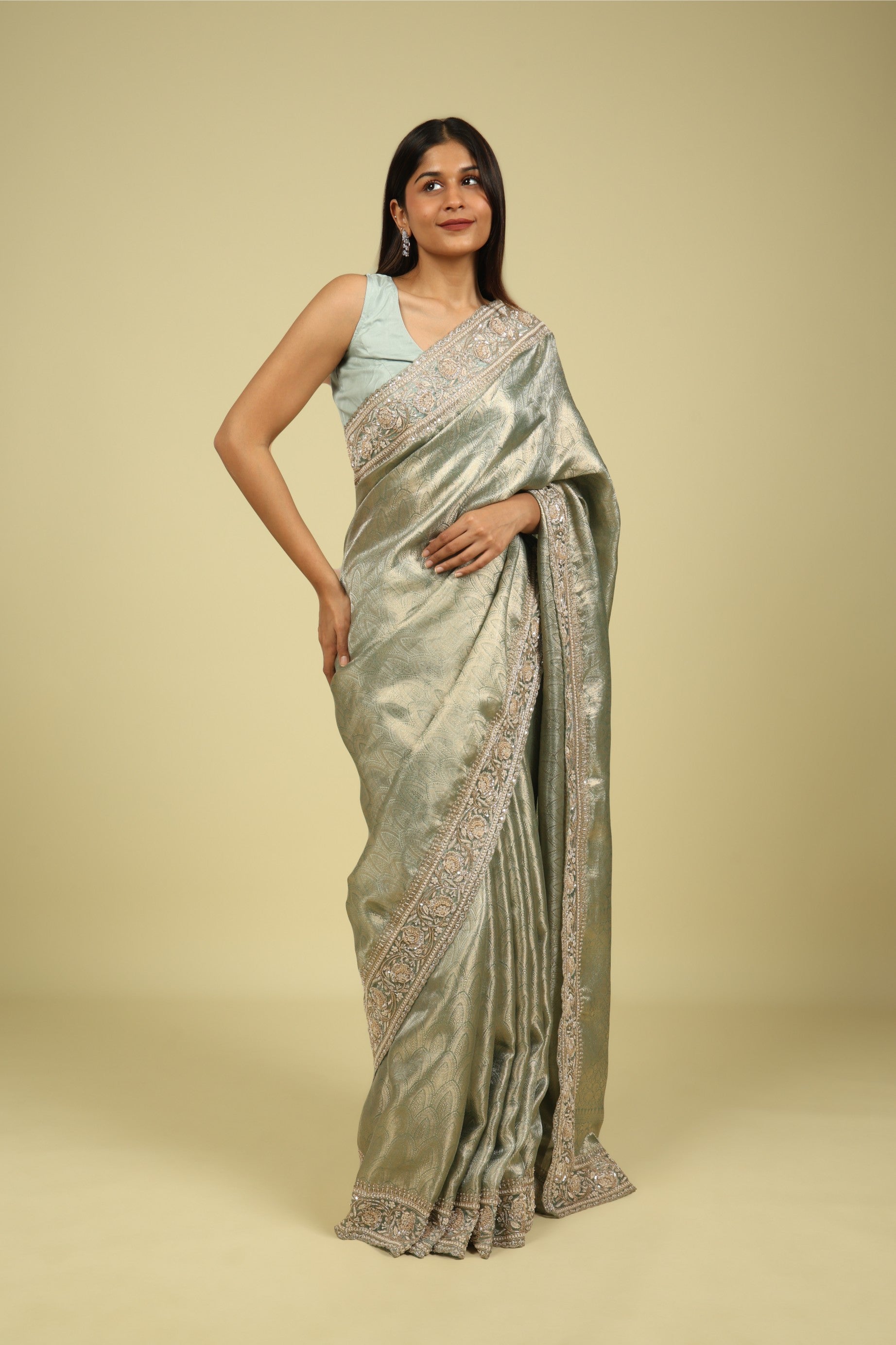 Sea Blue Banaras Tissue Saree with Pearl, Bead & Sequin Embroidered Border - Mokshaa