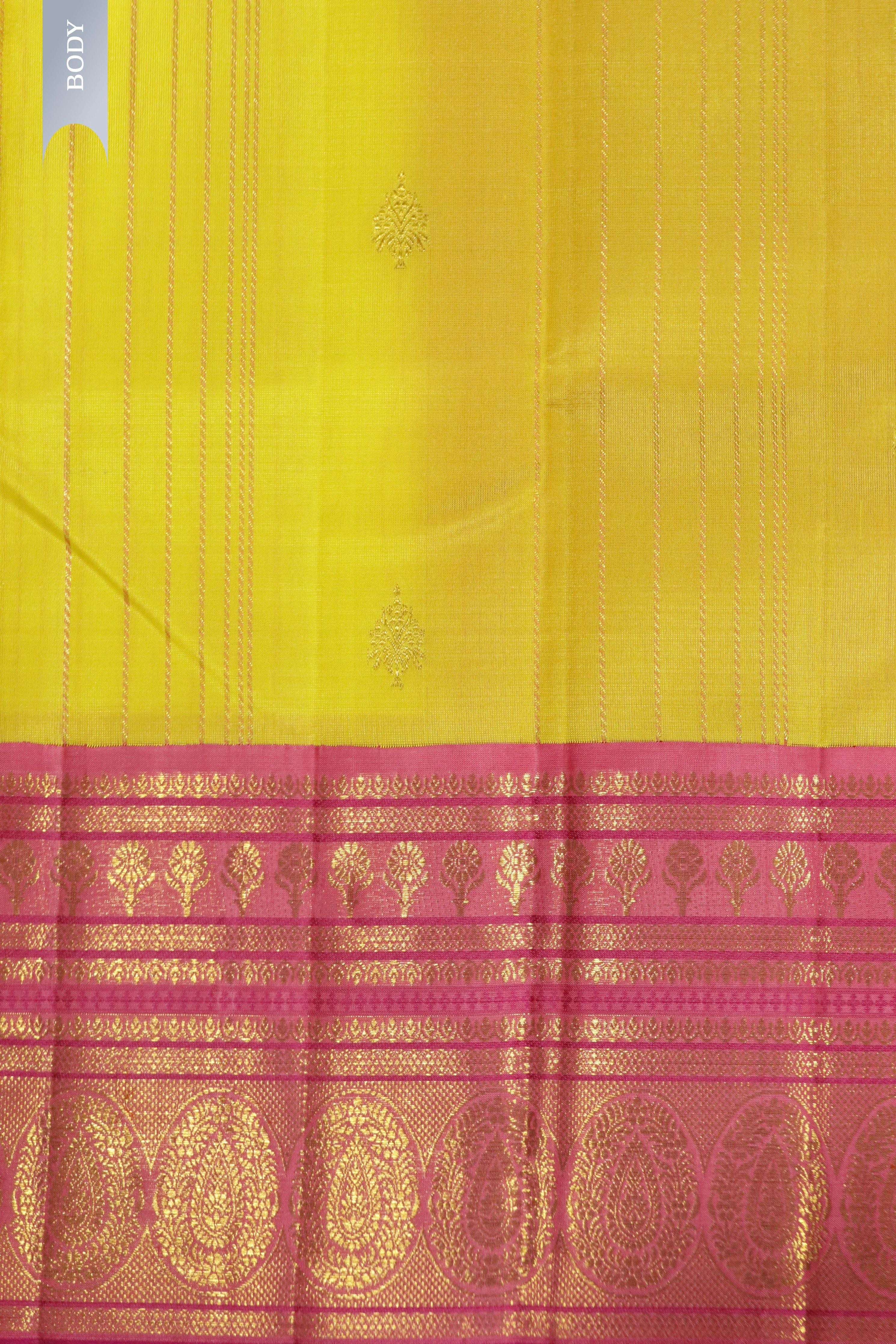 Yellow Kanchipuram Silk Saree with Zari Stripes, Motifs & Contrast Zari Border - Mokshaa