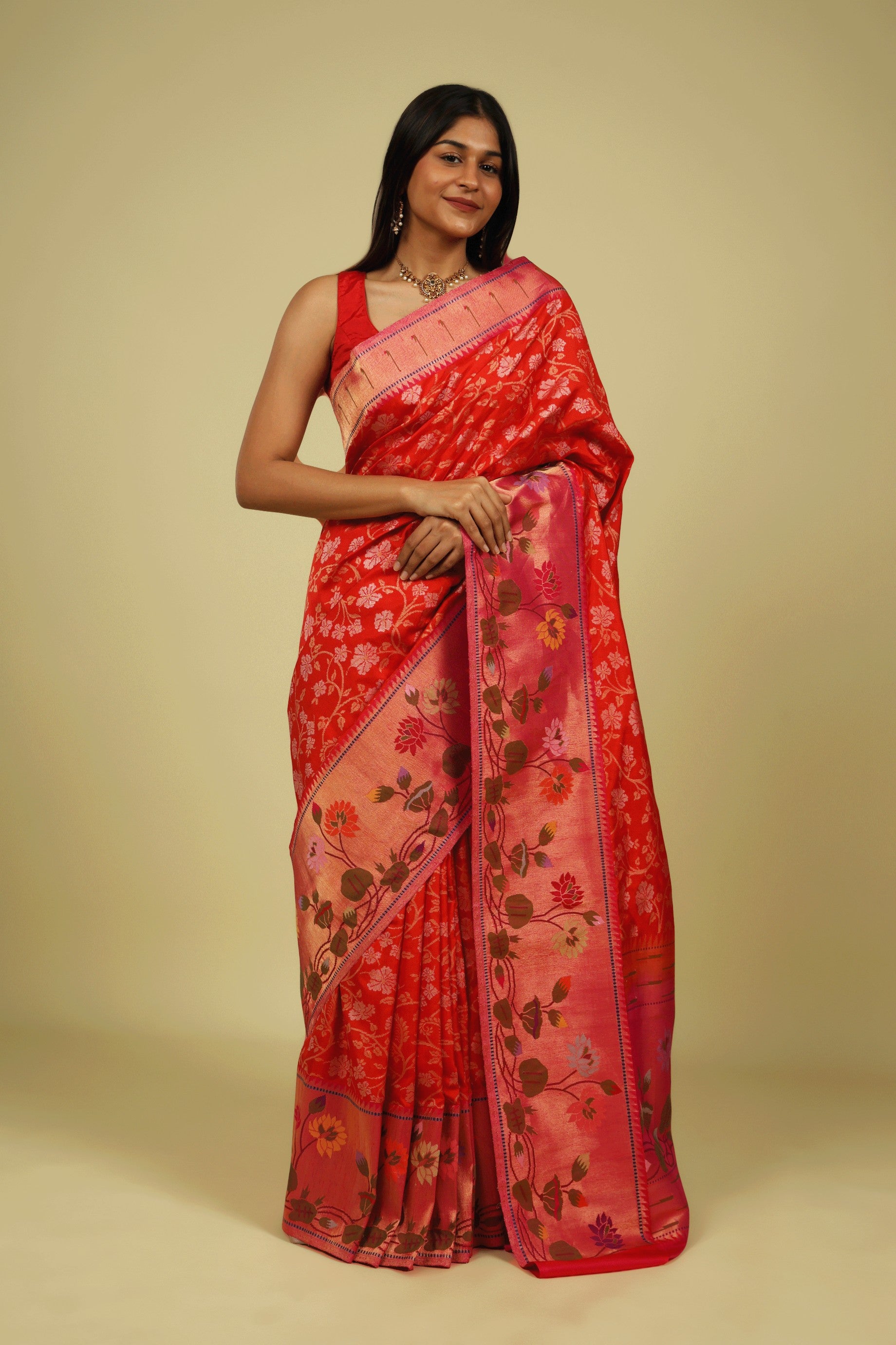 Orange Banarasi Silk Saree with Gold & Silver Zari Jaal and Jamdani Border - Mokshaa