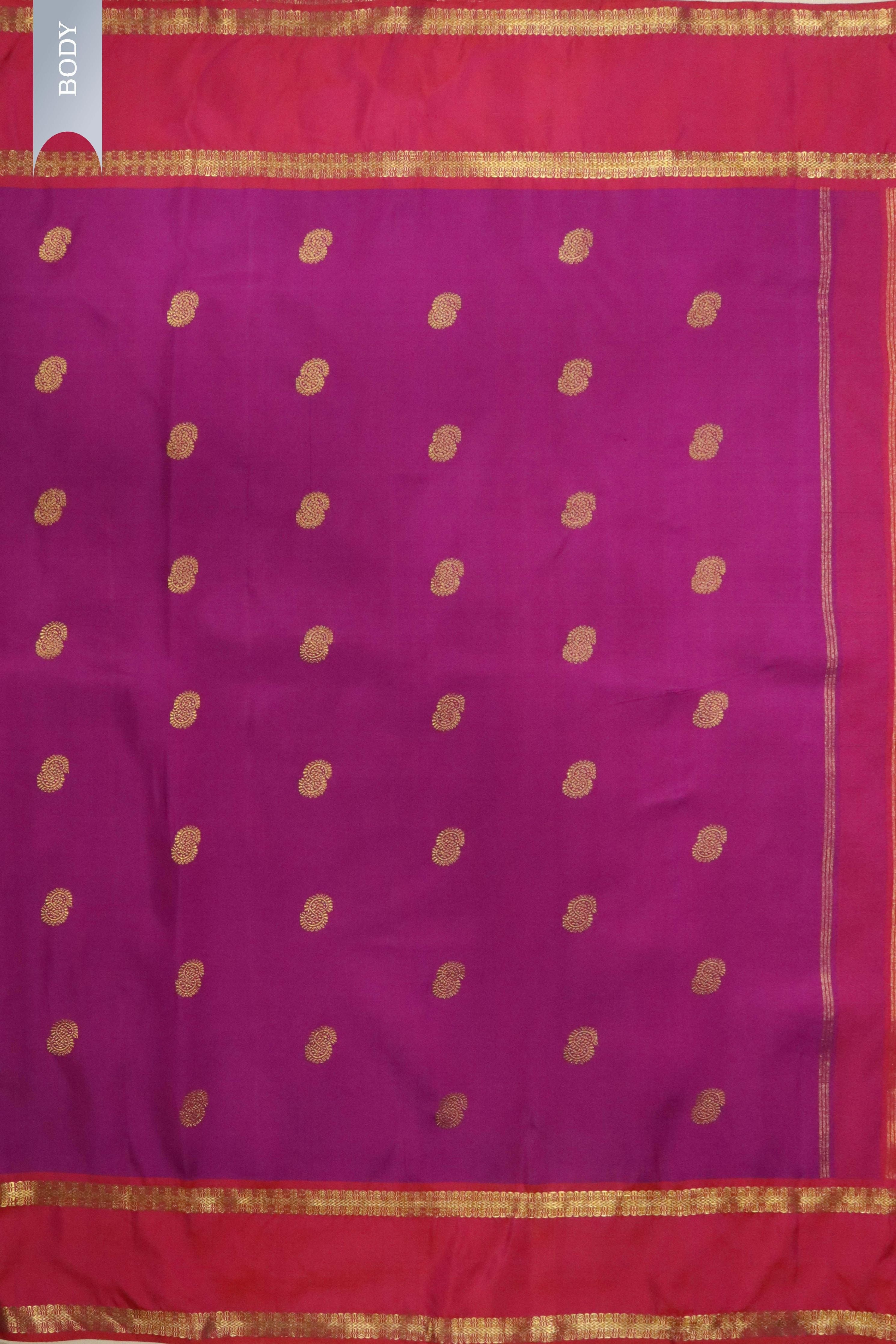 Magenta Kanchipuram Silk Saree with Gold Zari Motifs and Contrast Border - Mokshaa