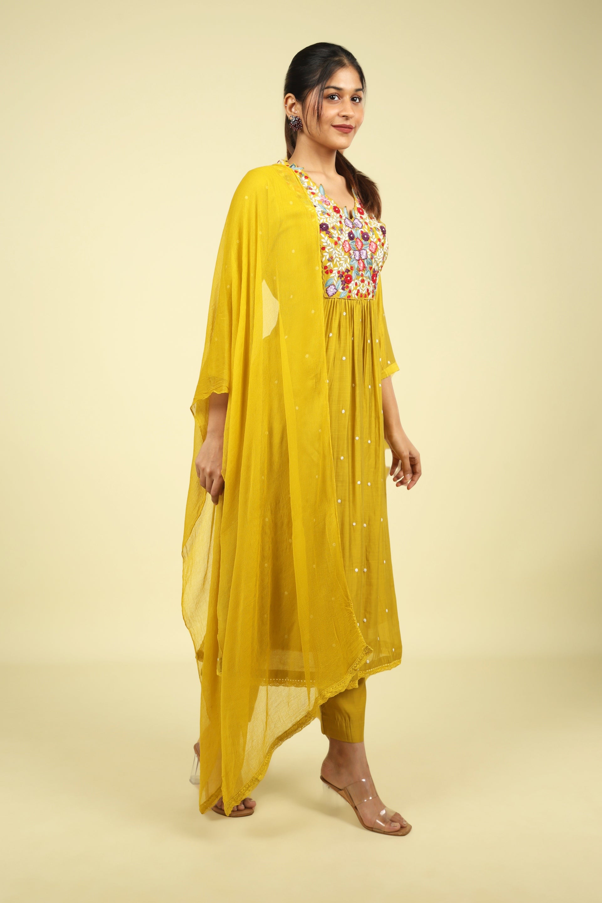 Yellow Mul Chanderi Straight Cut Salwar Set - Mokshaa