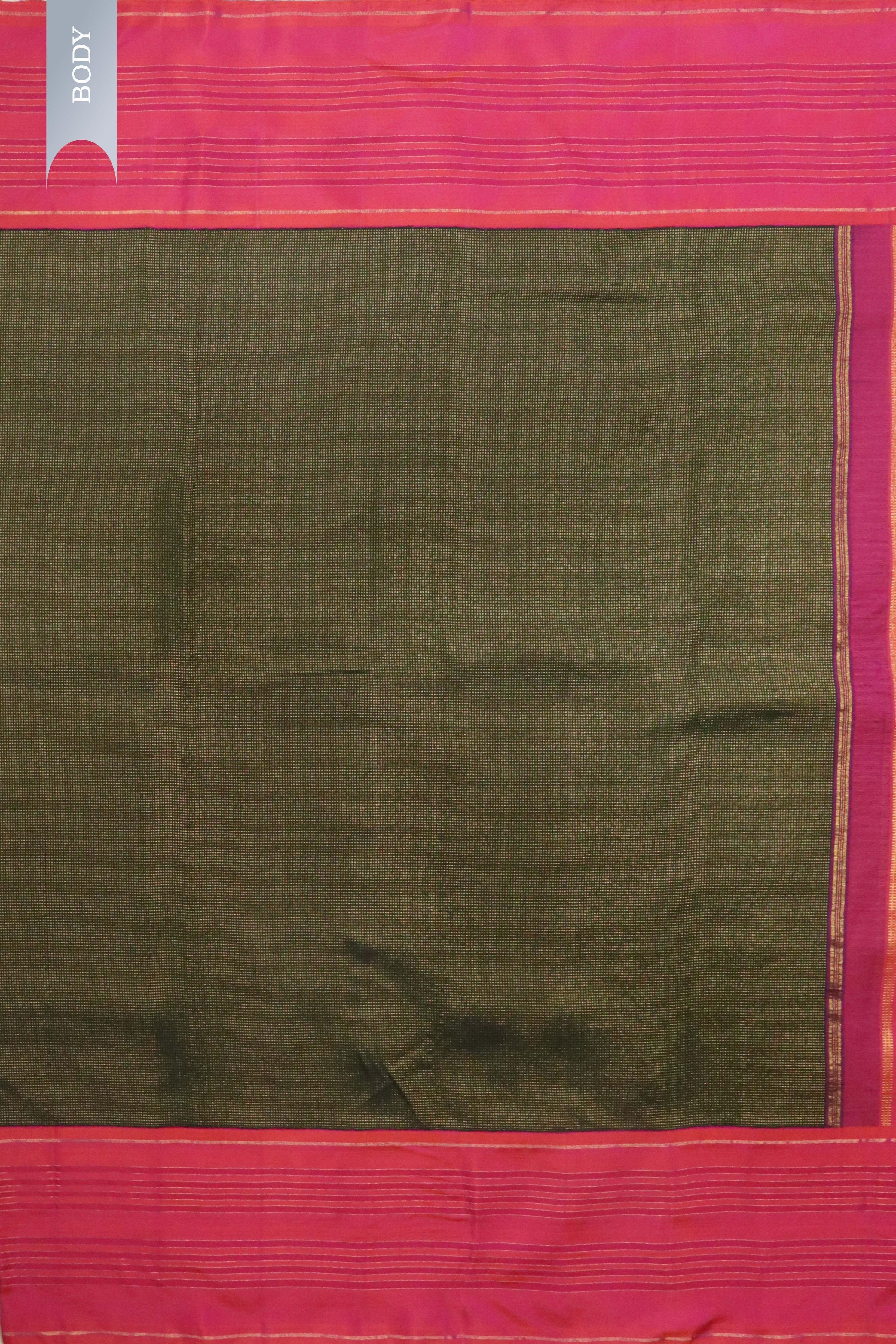 Bottle Green Kanchipuram Silk Saree with Self Zari Chattai Weaving and Contrast Pink Border - Mokshaa