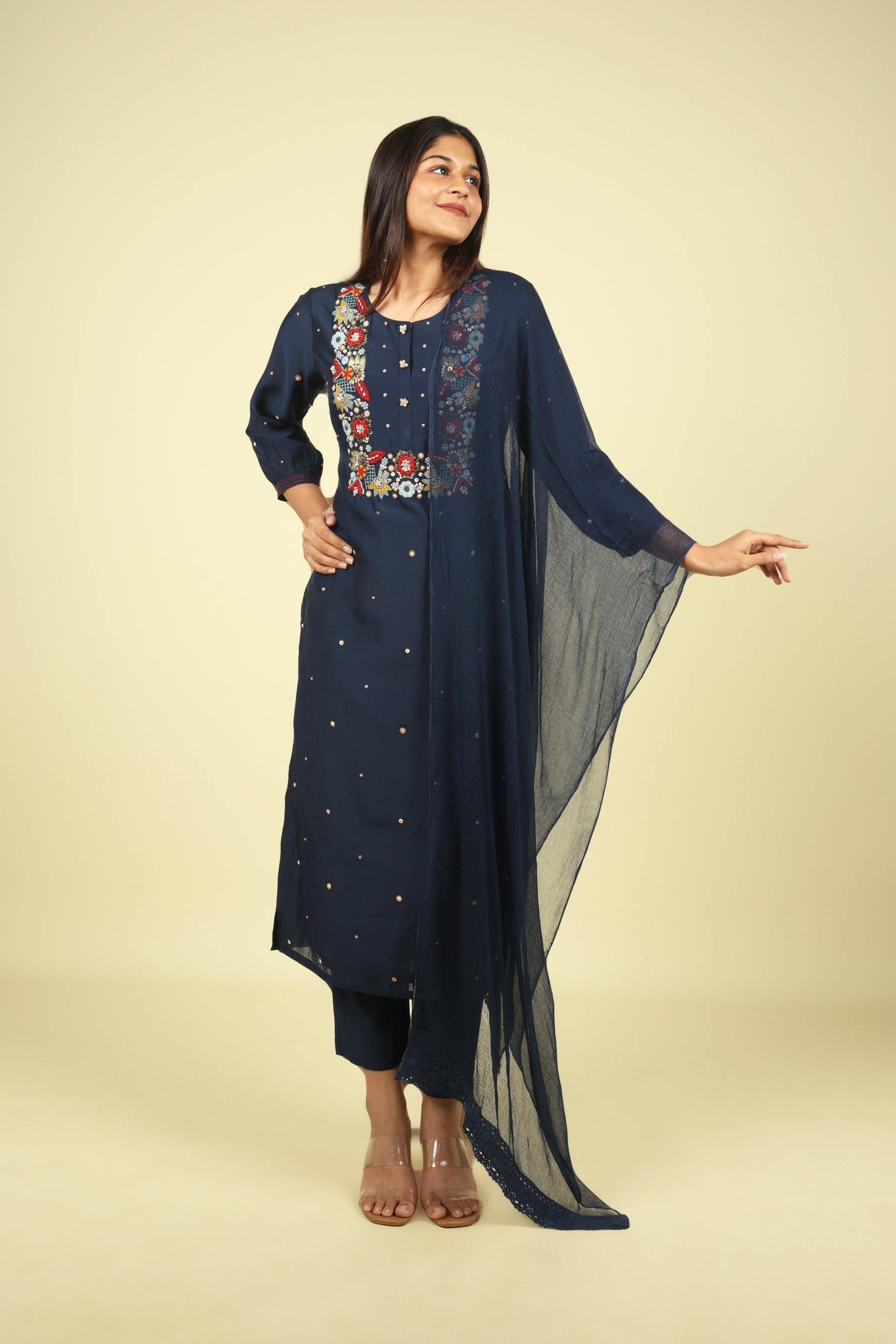 Navy Embroidered Mul Chanderi Salwar Suit - Mokshaa