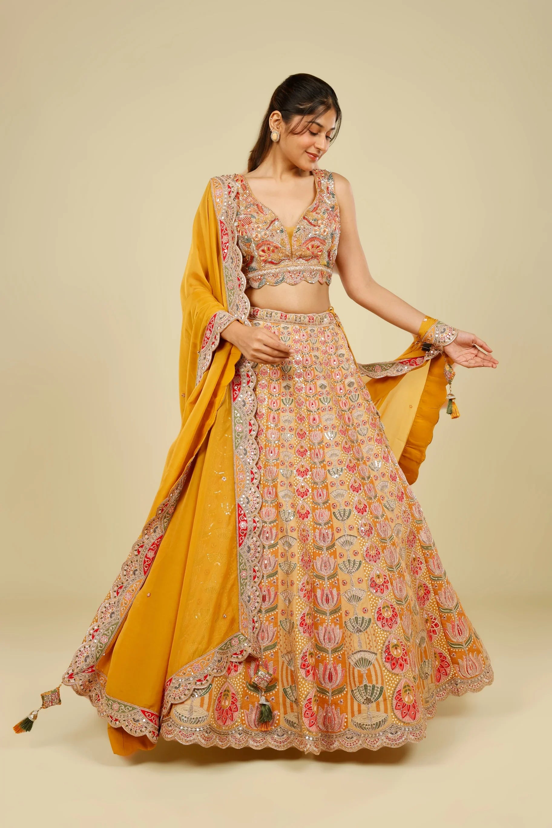 Yellow Printed Silk Lehenga Set with Zari & Sequin Embroidery - Mokshaa