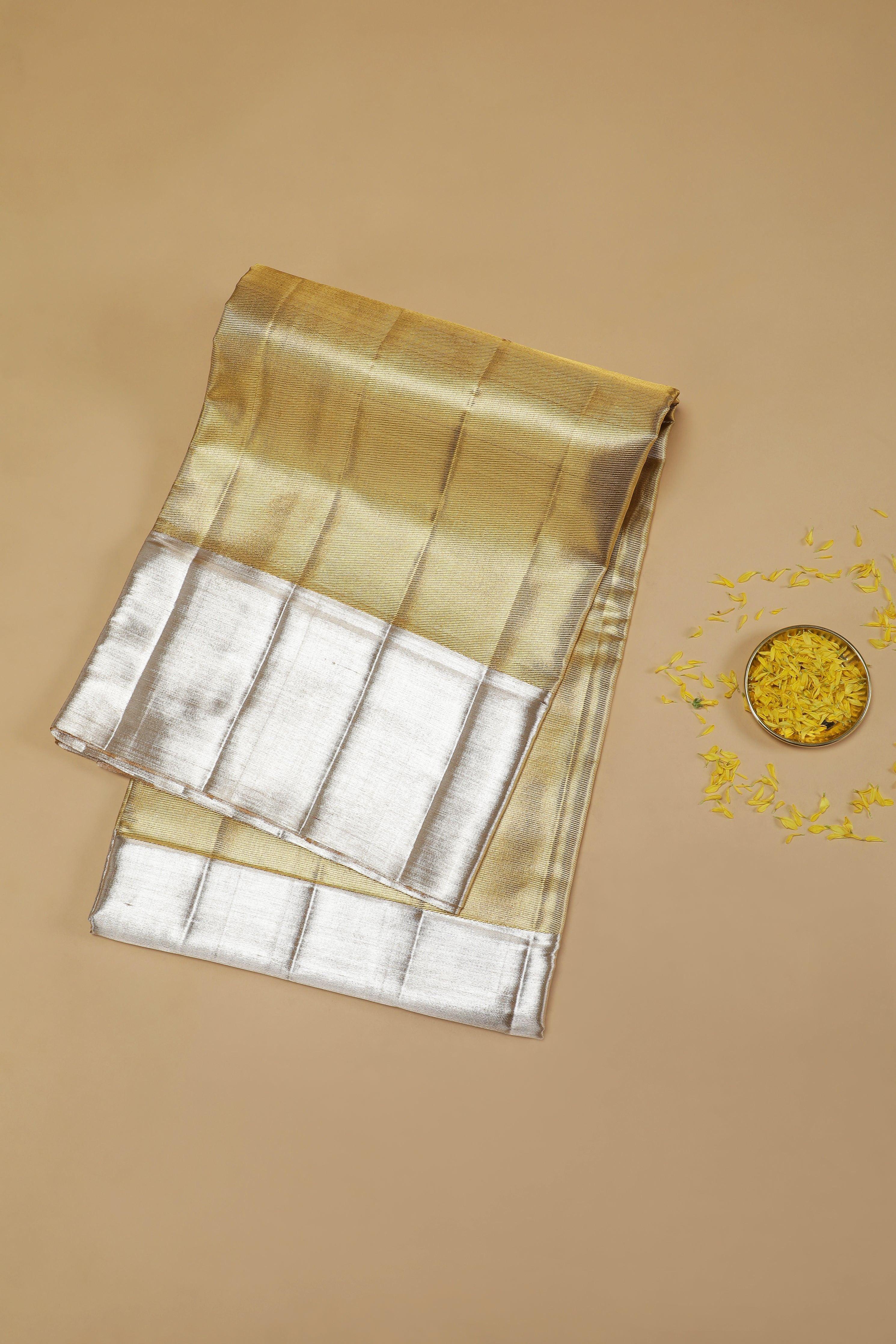 Gold and Silver Tissue Silk Saree with Contrast Silver Tissue Border - Mokshaa