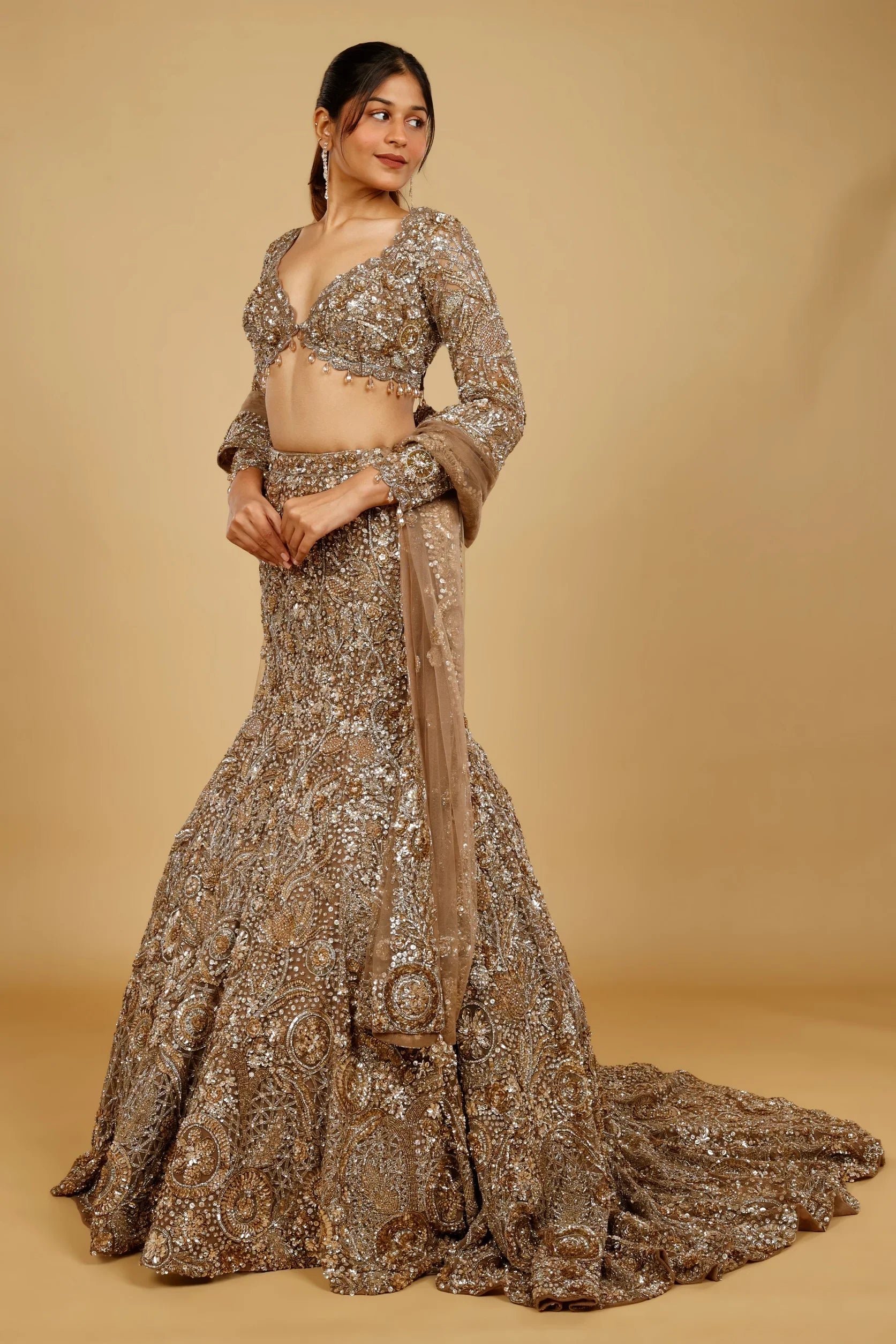 Dark Gold Net Mermaid Lehenga Set with Sequin, Stone & Kutdana Embroidery - Mokshaa