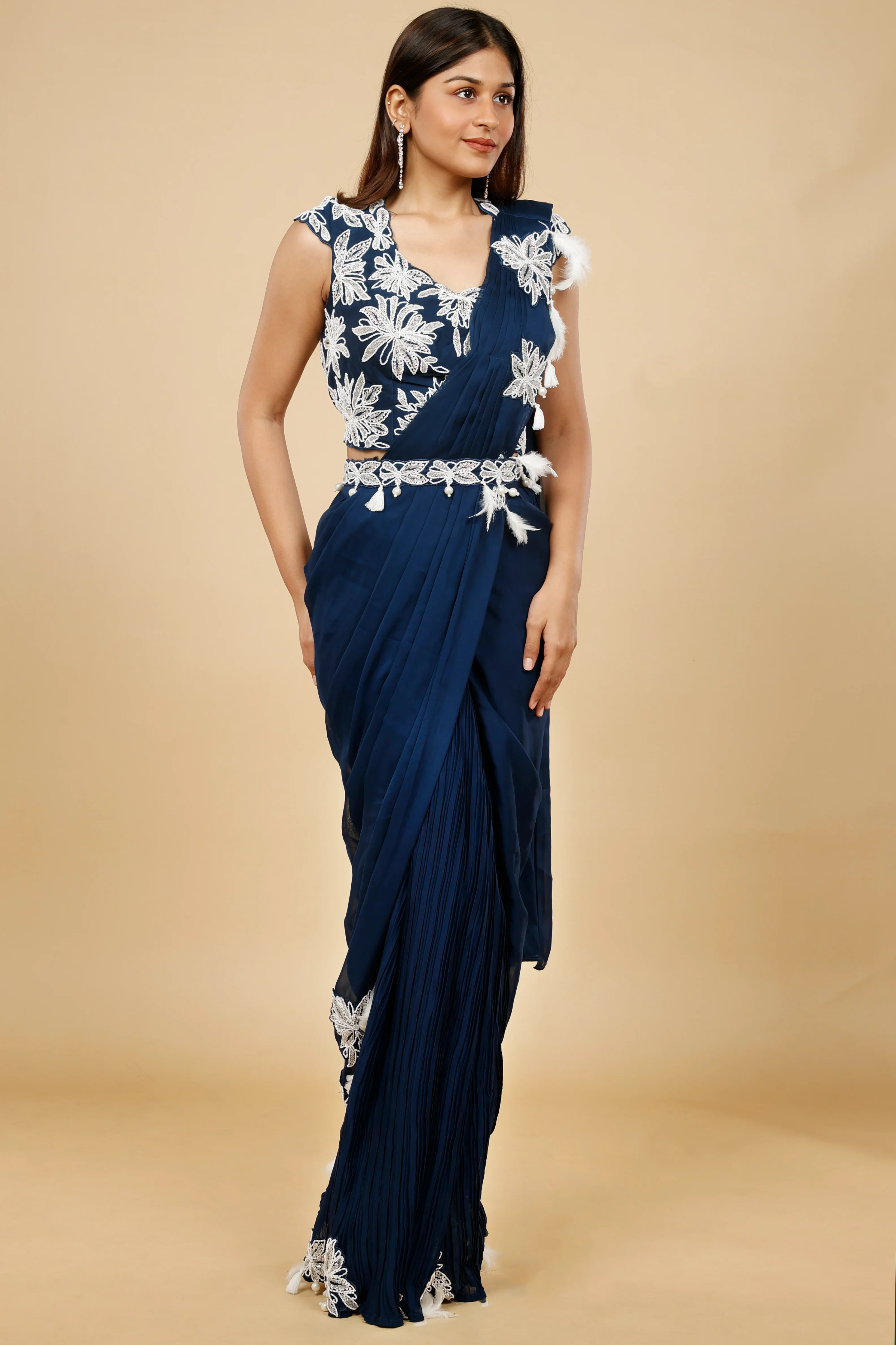 Navy Blue Organza Drape Saree with Kutdana & Pearl Embroidery - Mokshaa