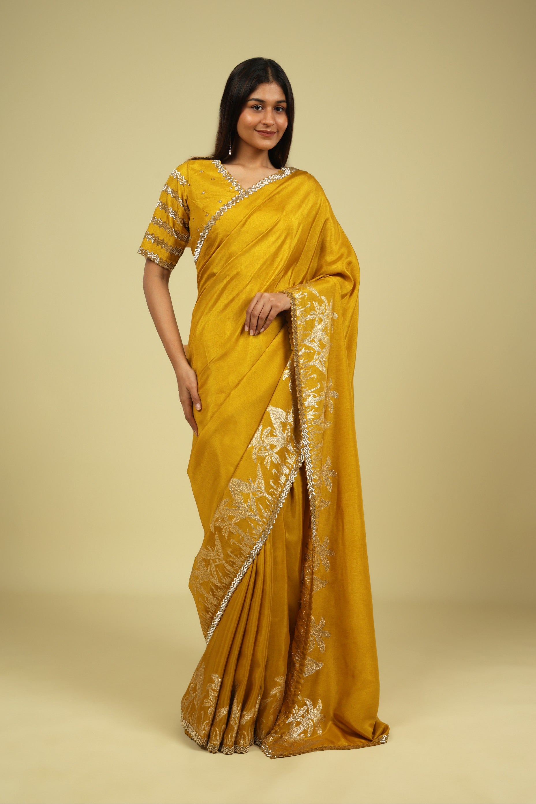 Mustard Tussar Georgette Saree - Mokshaa