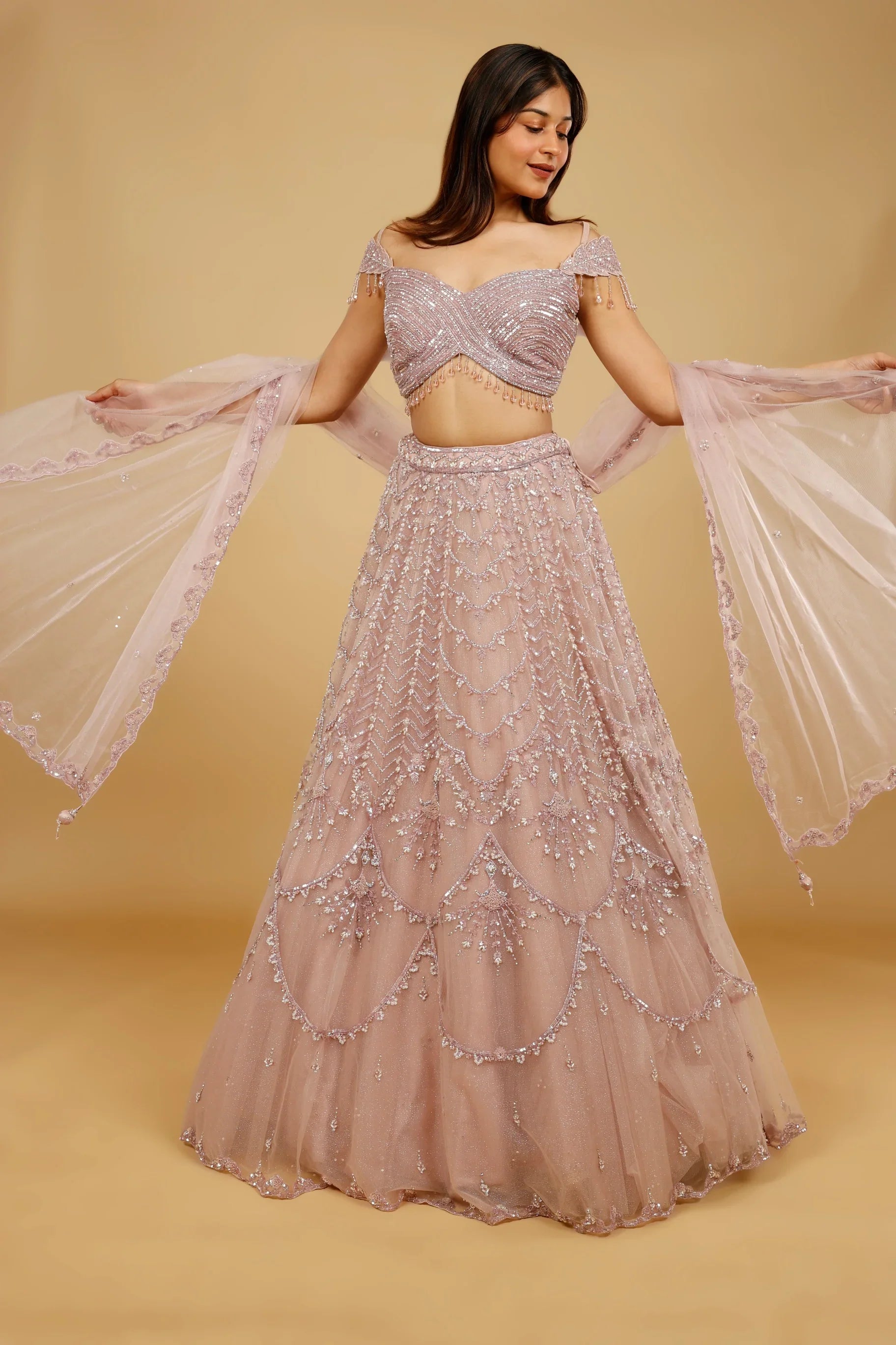 Mauve Net Lehenga Set with Sequin, Pearl & Cutdana Embroidery - Mokshaa
