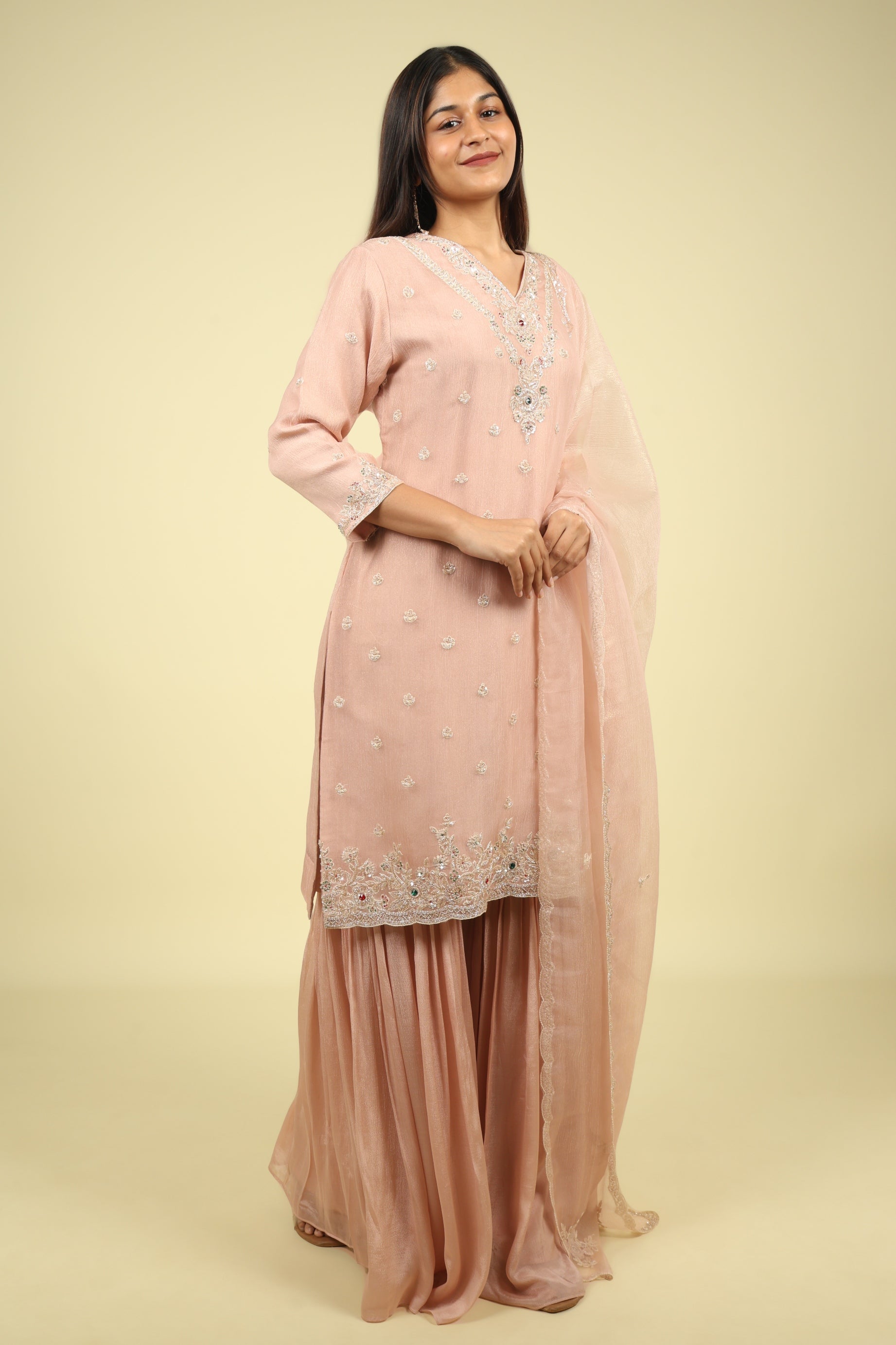 Blush Pink Crush Tissue Sharara Set with Pearl & Kutdana Embroidery - Mokshaa