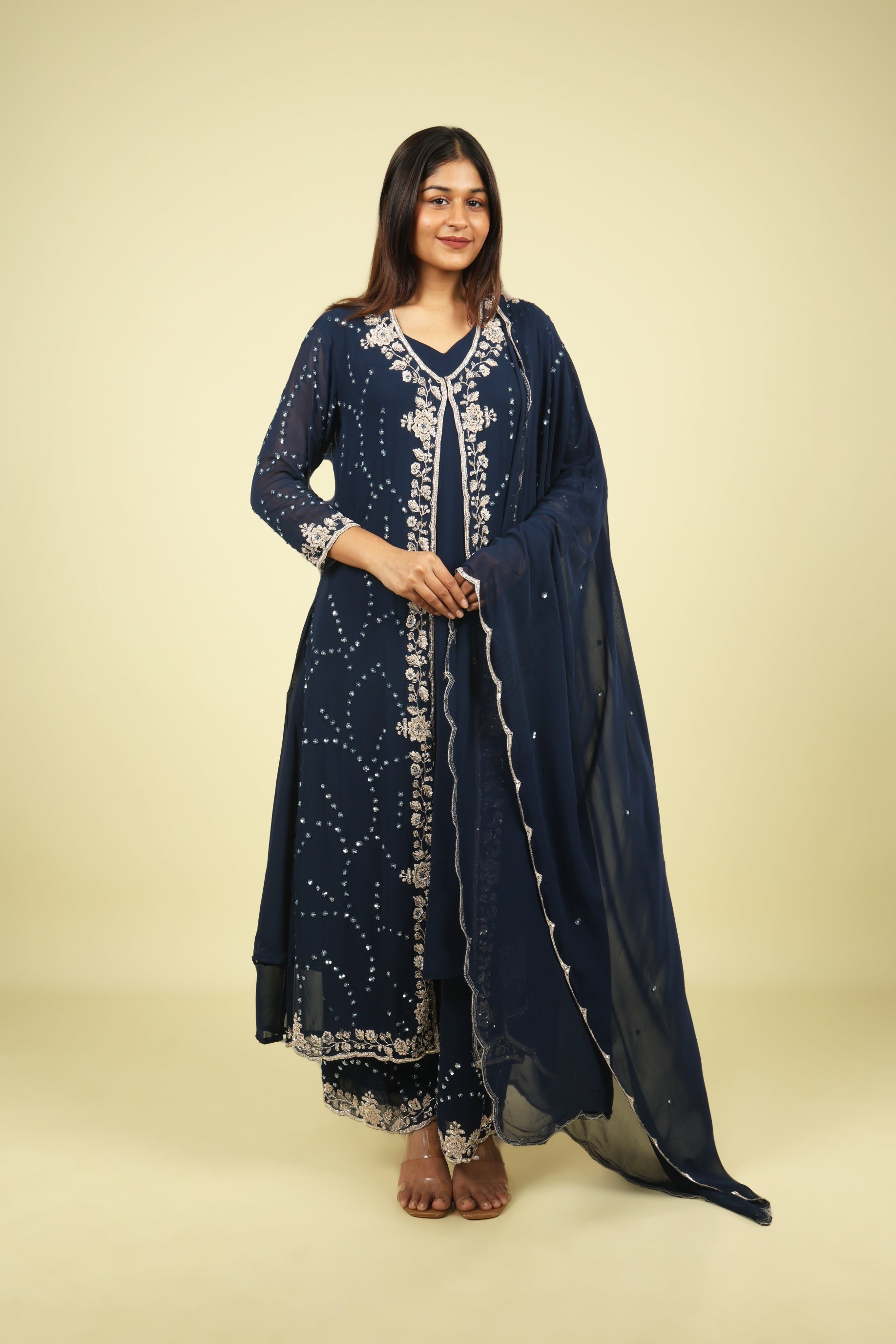 Navy Blue Georgette Anarkali Set with Cape & Dupatta - Mokshaa