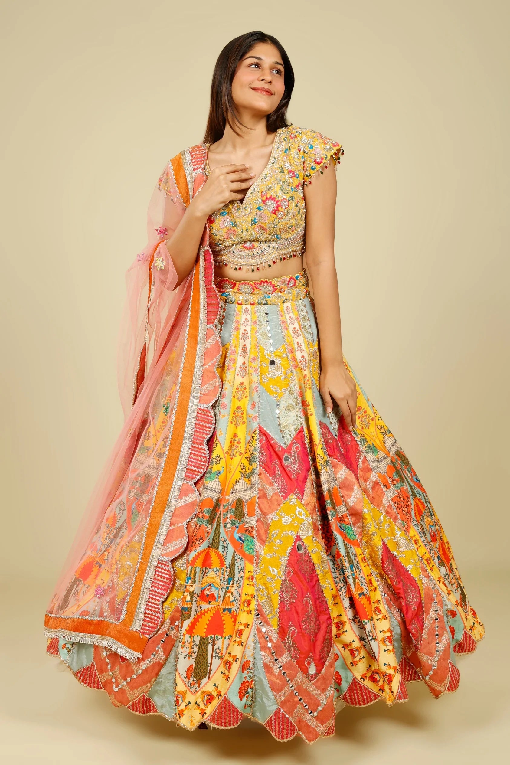 Multicolour Printed Silk Patchwork Lehenga Set with Mirror & Zari Embroidery - Mokshaa
