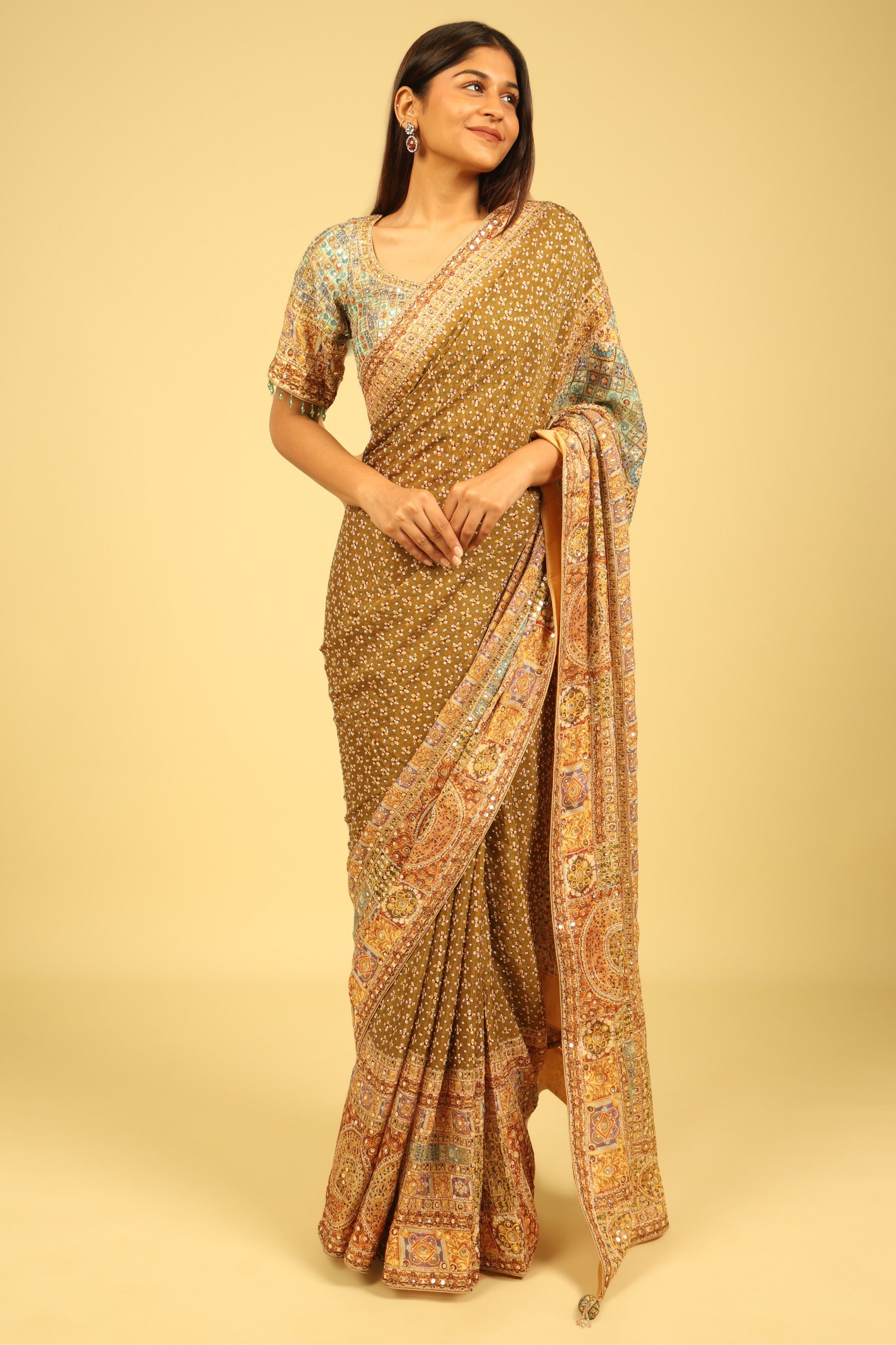 Dusty Green Soft Georgette Saree with Multicolour Digital Print, Sequin & Mirror Highlights - Mokshaa