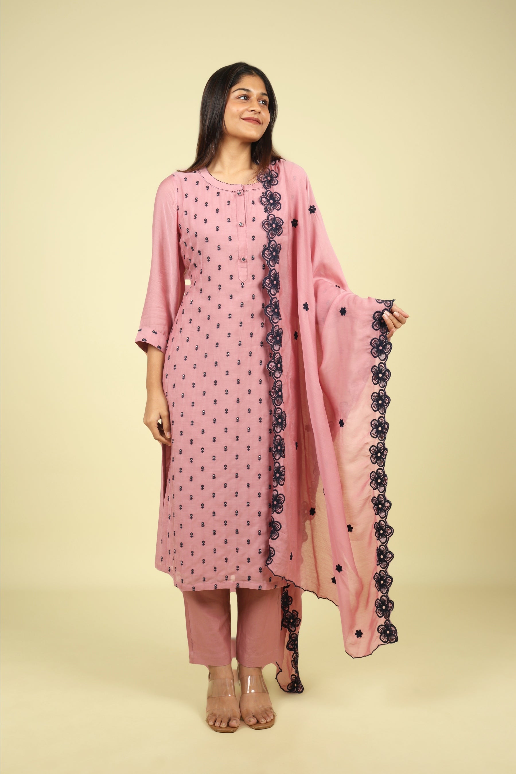 Peach Mul Chanderi Straight Salwar Set - Mokshaa