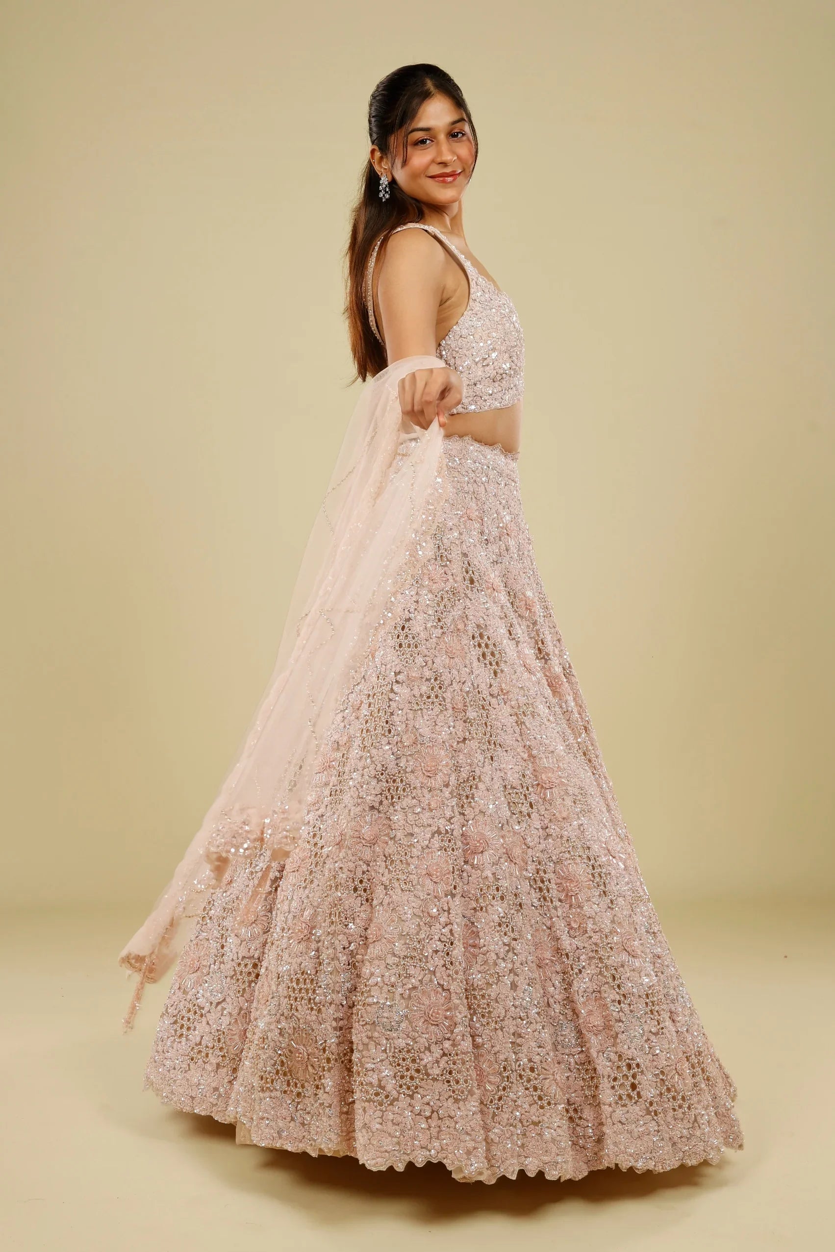Blush Pink Net Cutwork Lehenga Set with Sequin, Stone & Pearl Embroidery - Mokshaa