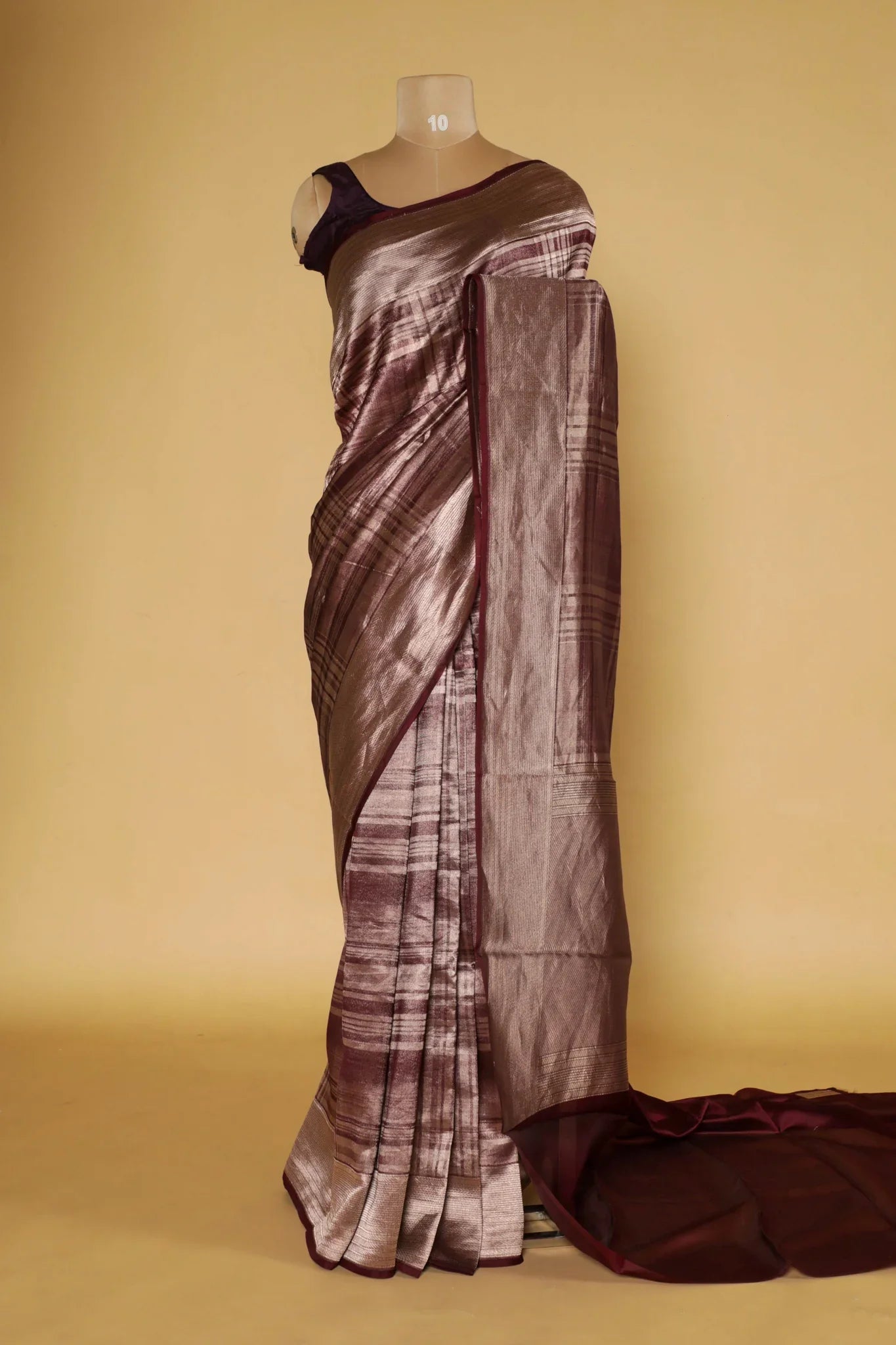Wine Banarasi Kora Silk Saree with Self Zari Checks & Zari Border - Mokshaa