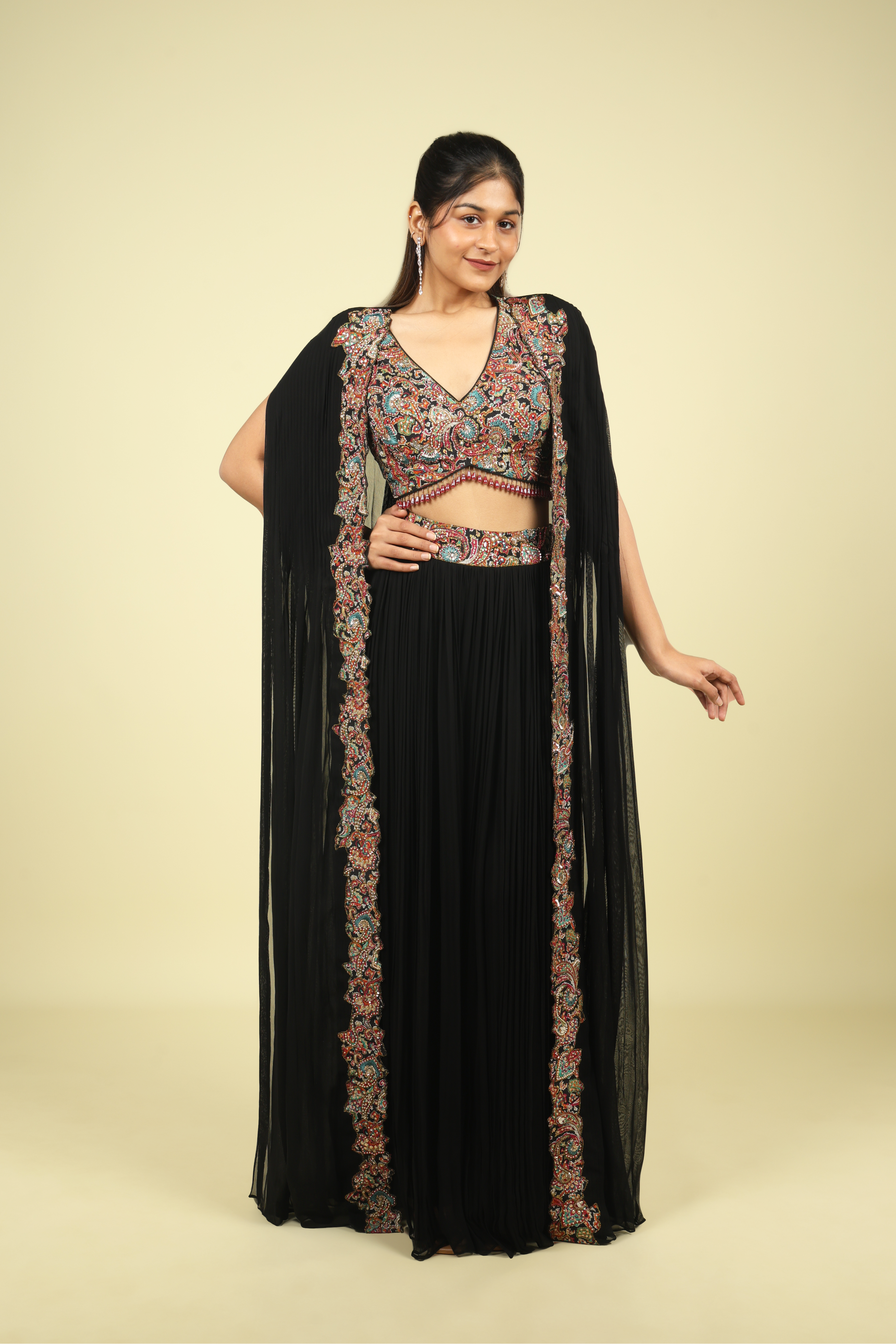 Black Georgette Crop Top Palazzo Set with Embroidered Cape - Mokshaa