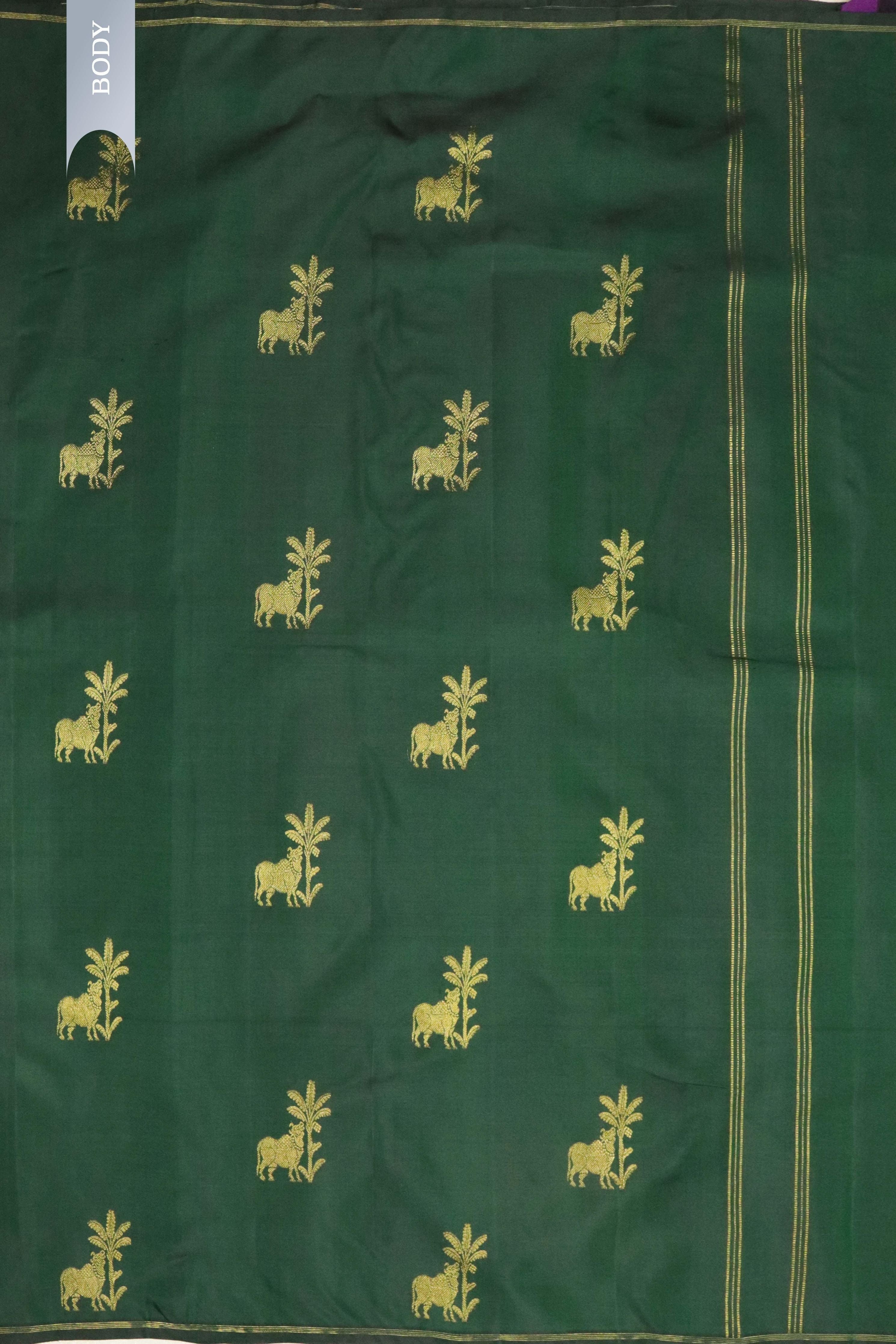 Bottle Green Kanchipuram Silk Saree with Zari Figure Motifs - Mokshaa