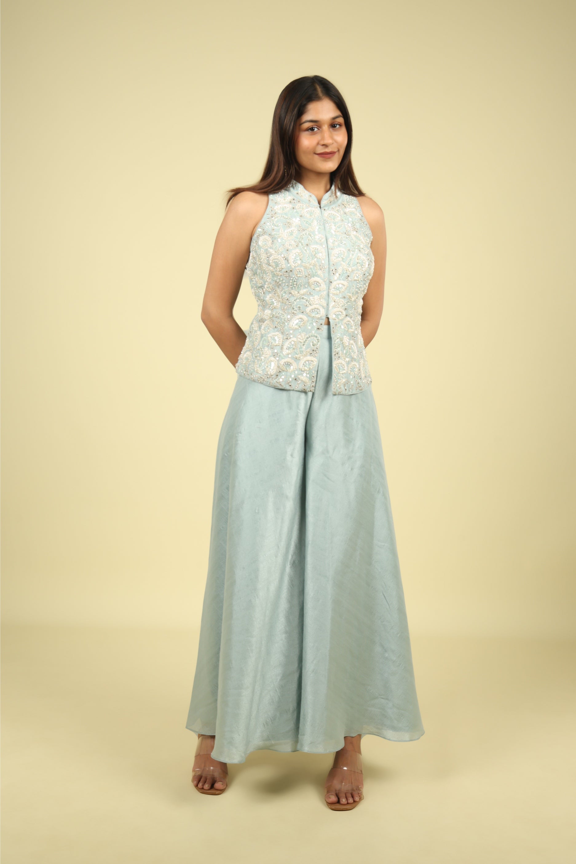 Blue Embroidered Silk Top With Palazzo - Mokshaa