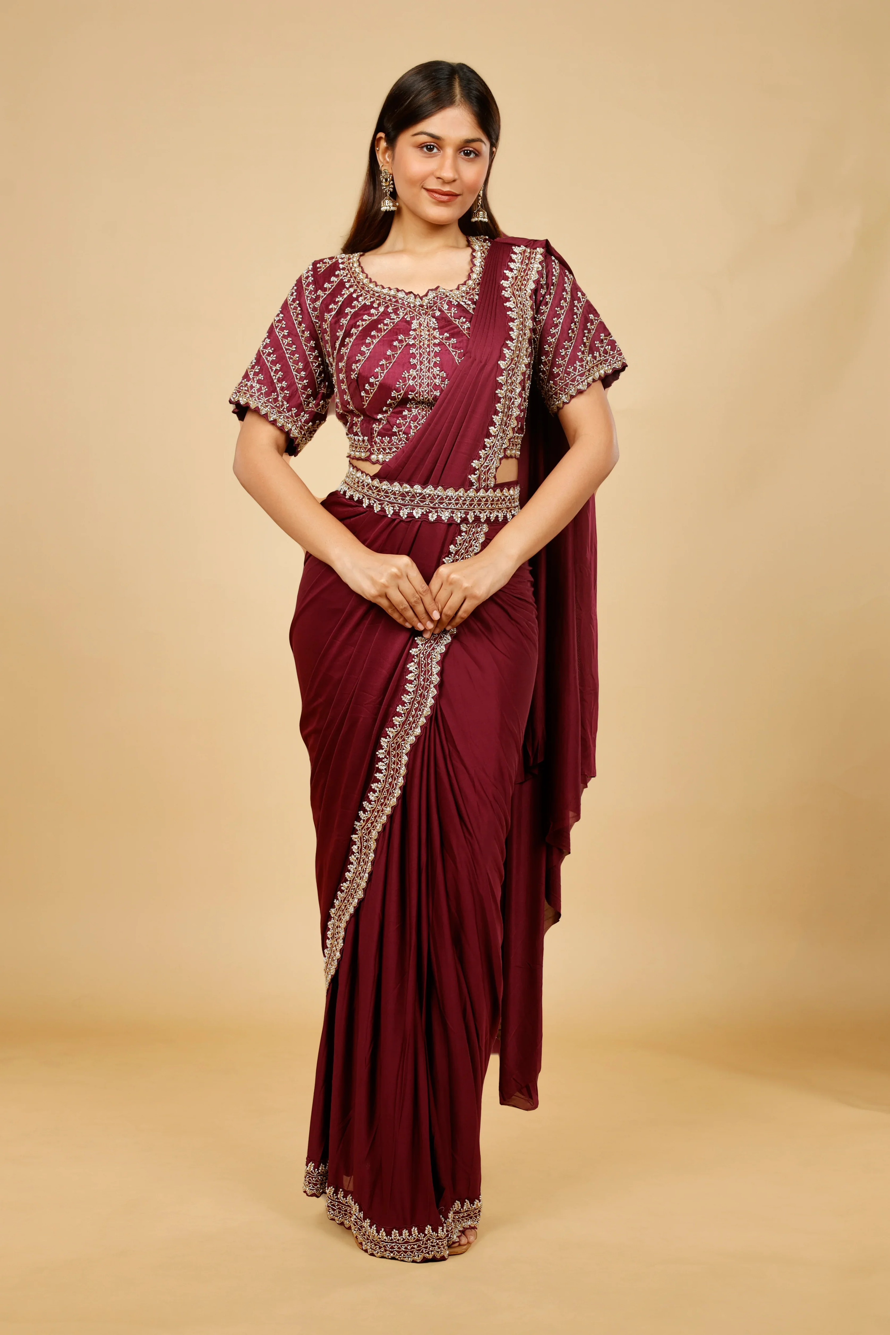 Maroon Satin Lycra Drape Saree with Pearl & Cutdana Embroidery - Mokshaa