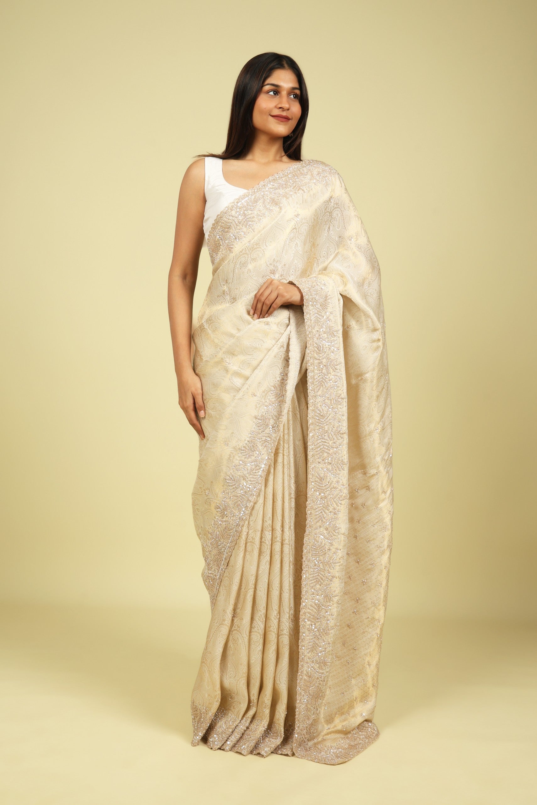 Off White Handloom Silk Saree with Banarasi Zari Weaving & Bead-Sequin Border - Mokshaa