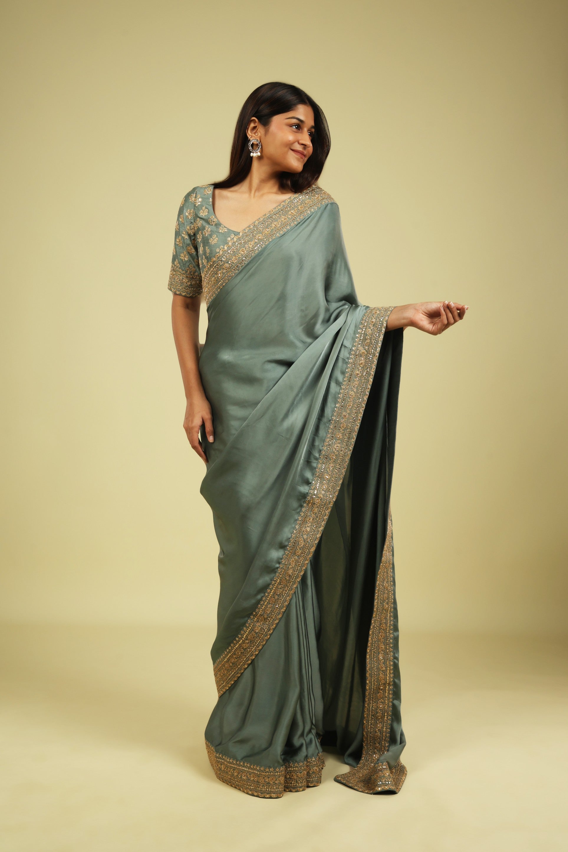 Powder Blue Satin Saree with Zari Thread Border & Zari Motif Blouse - Mokshaa