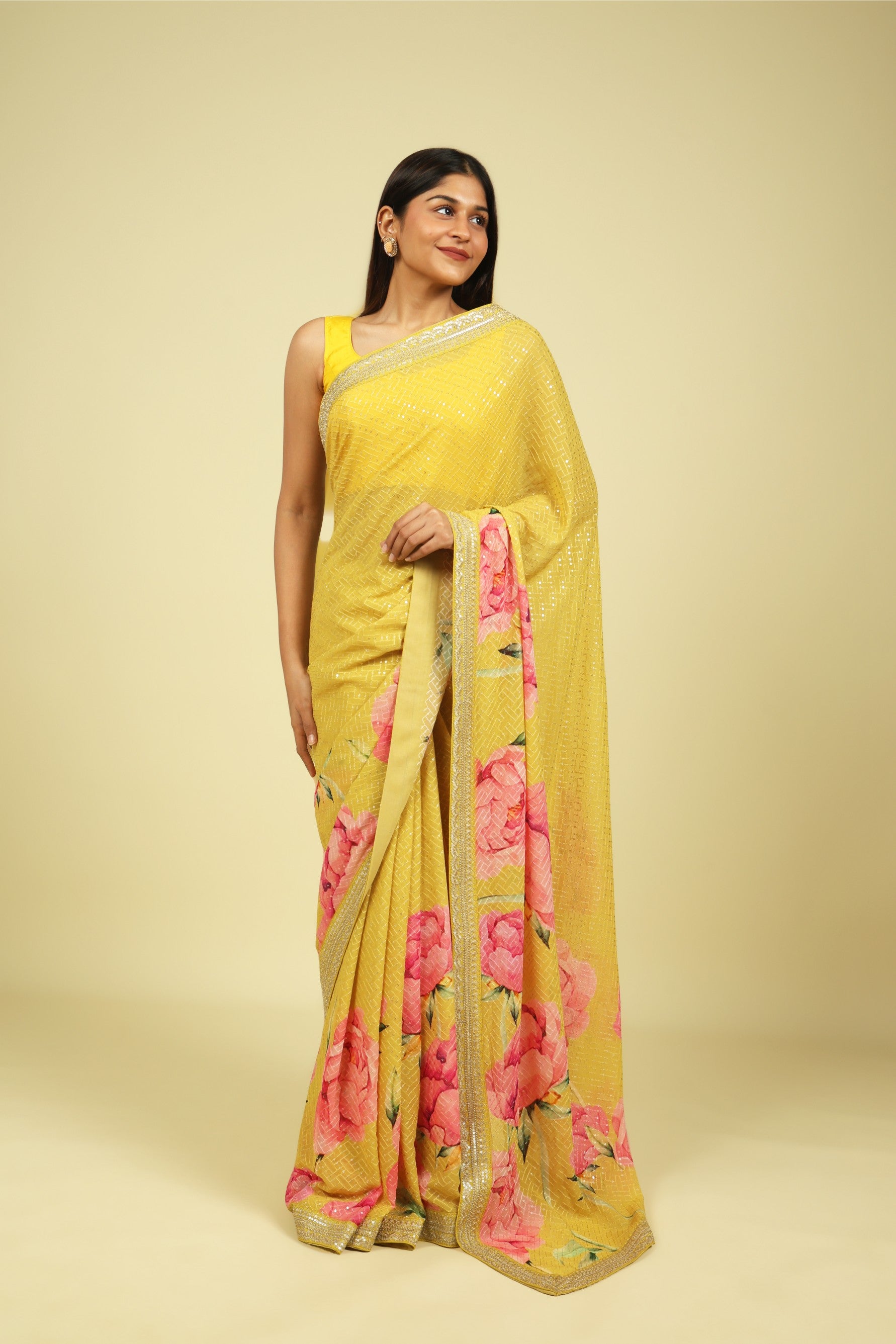 Lime Yellow Georgette Saree with Thread & Sequin Work and Digital Print Border - Mokshaa