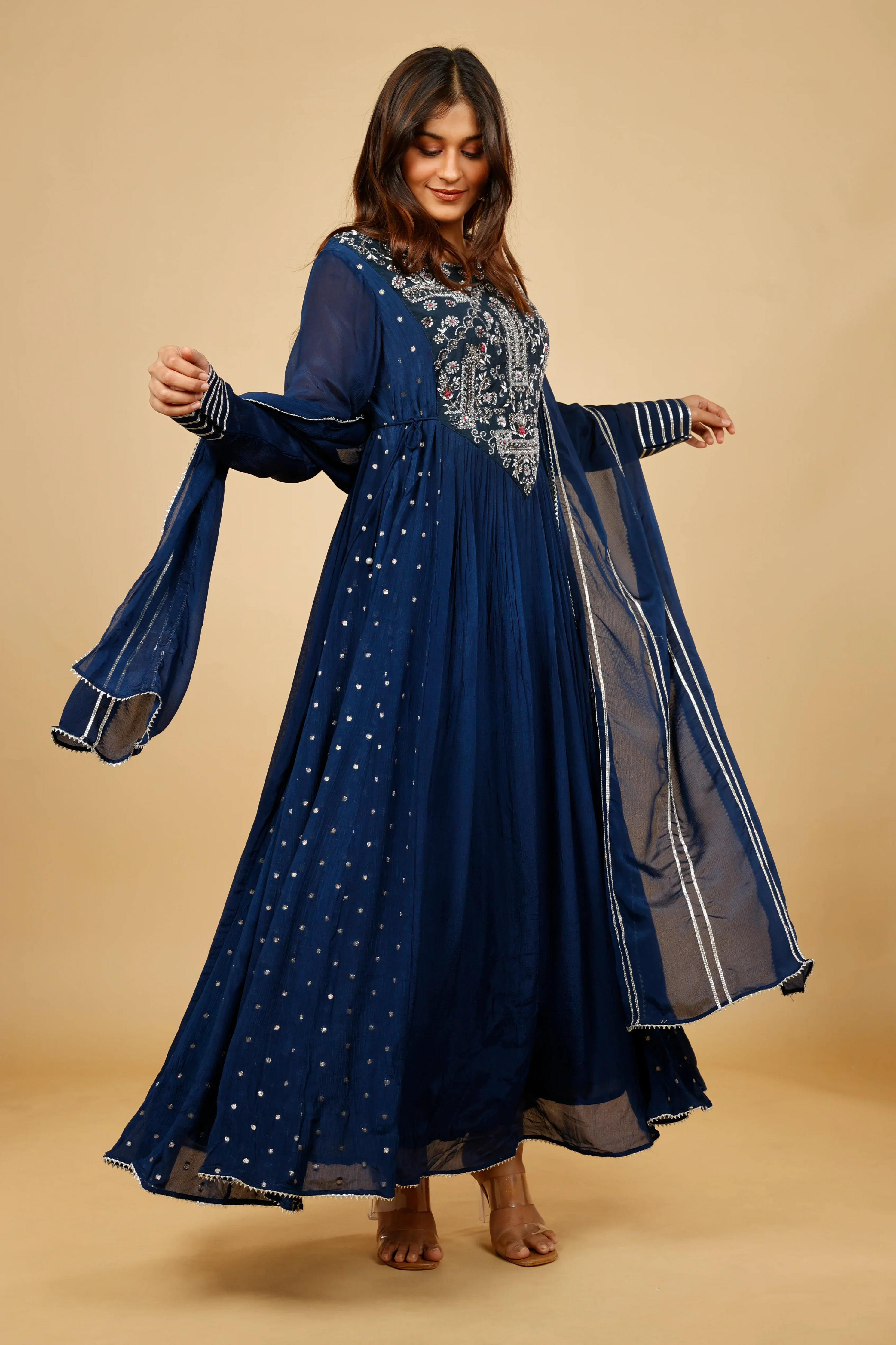 Midnight Blue Silk Anarkali Set with Gota & Kutdana Embroidery - Mokshaa