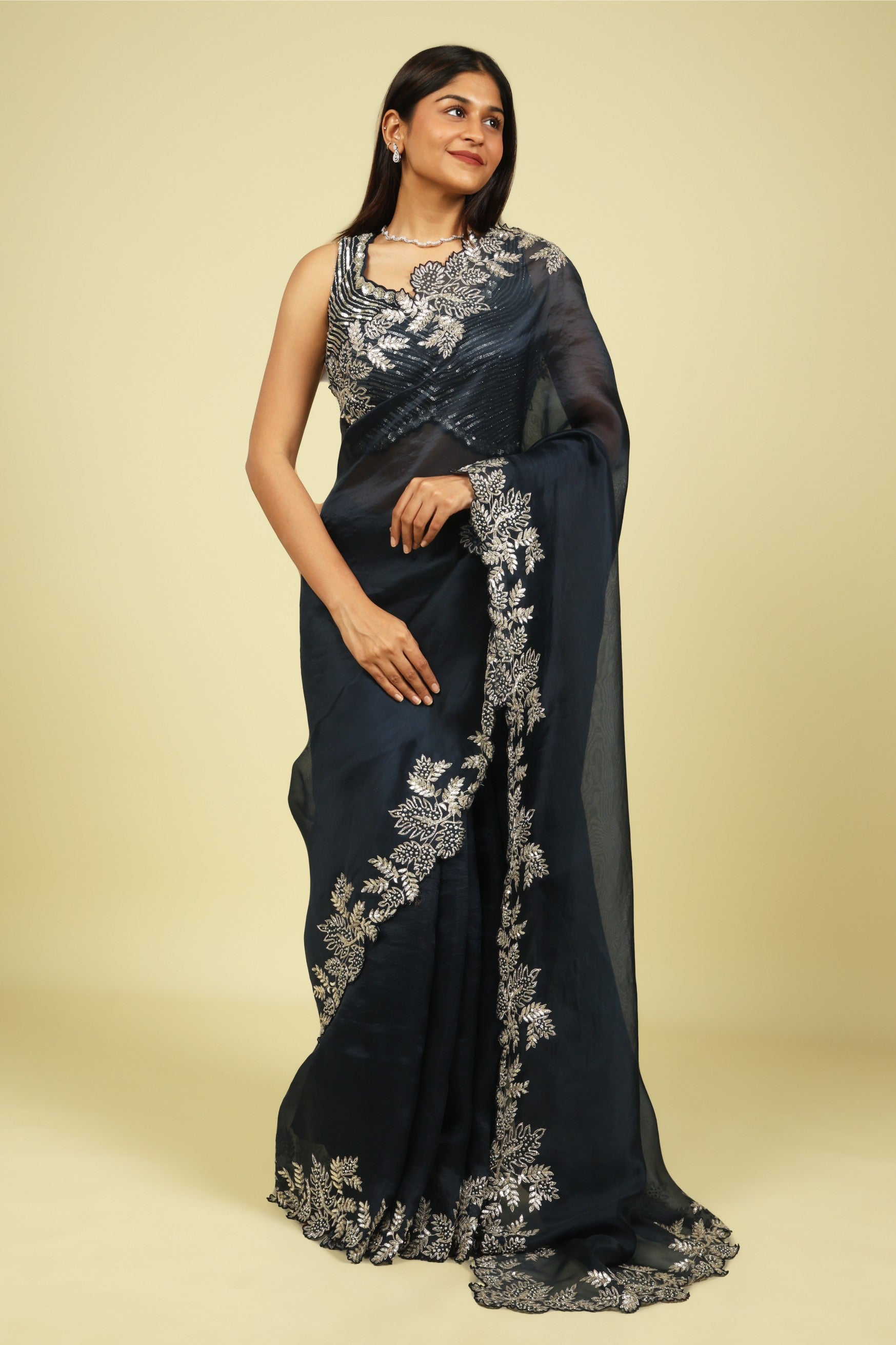 Navy Blue Organza Saree with Aari Beads, Sequins & Fancy Cut Border - Mokshaa