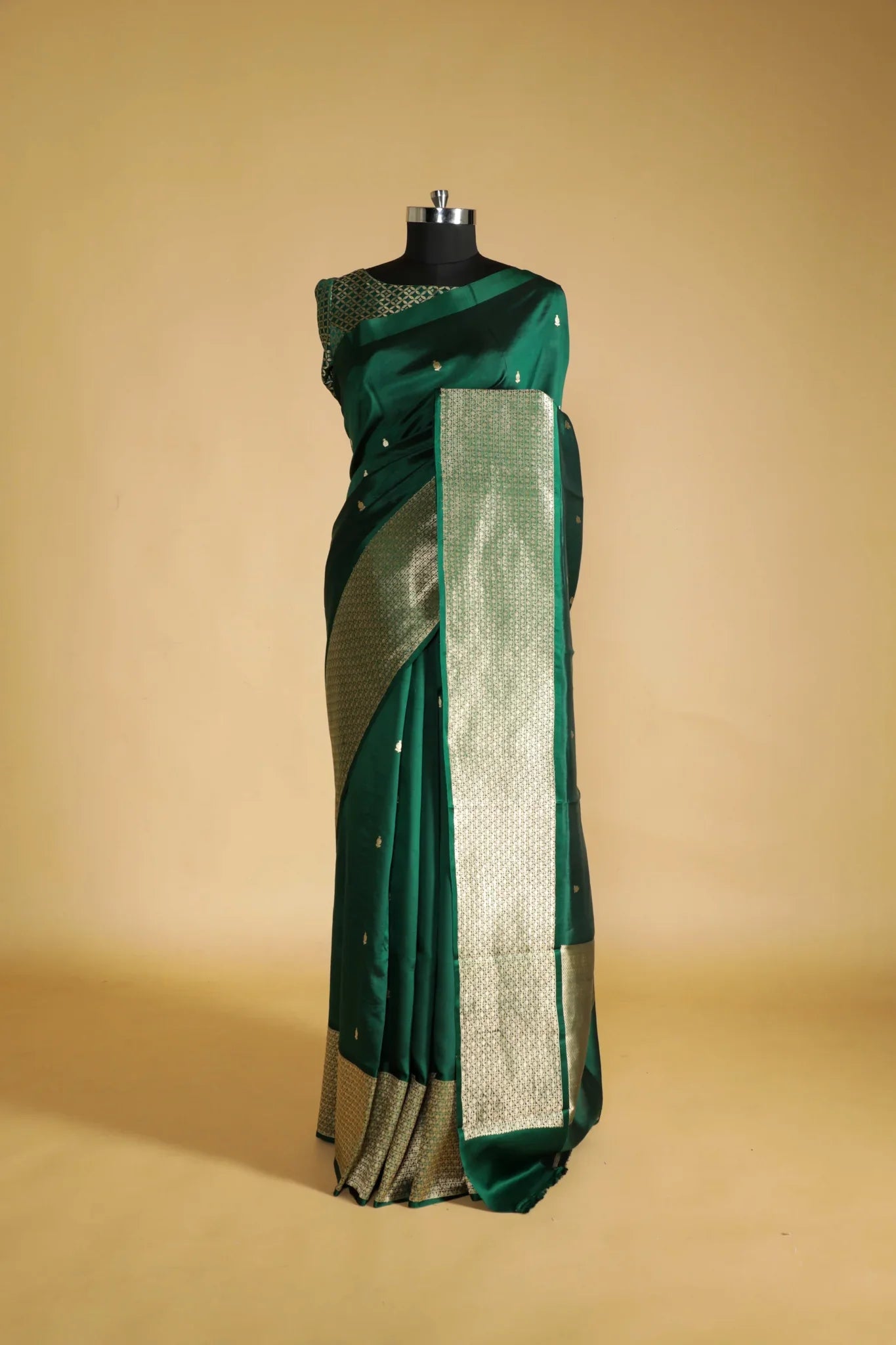 Bottle Green Banarasi Silk Saree with All-Over Buttas & Zari Border - Mokshaa