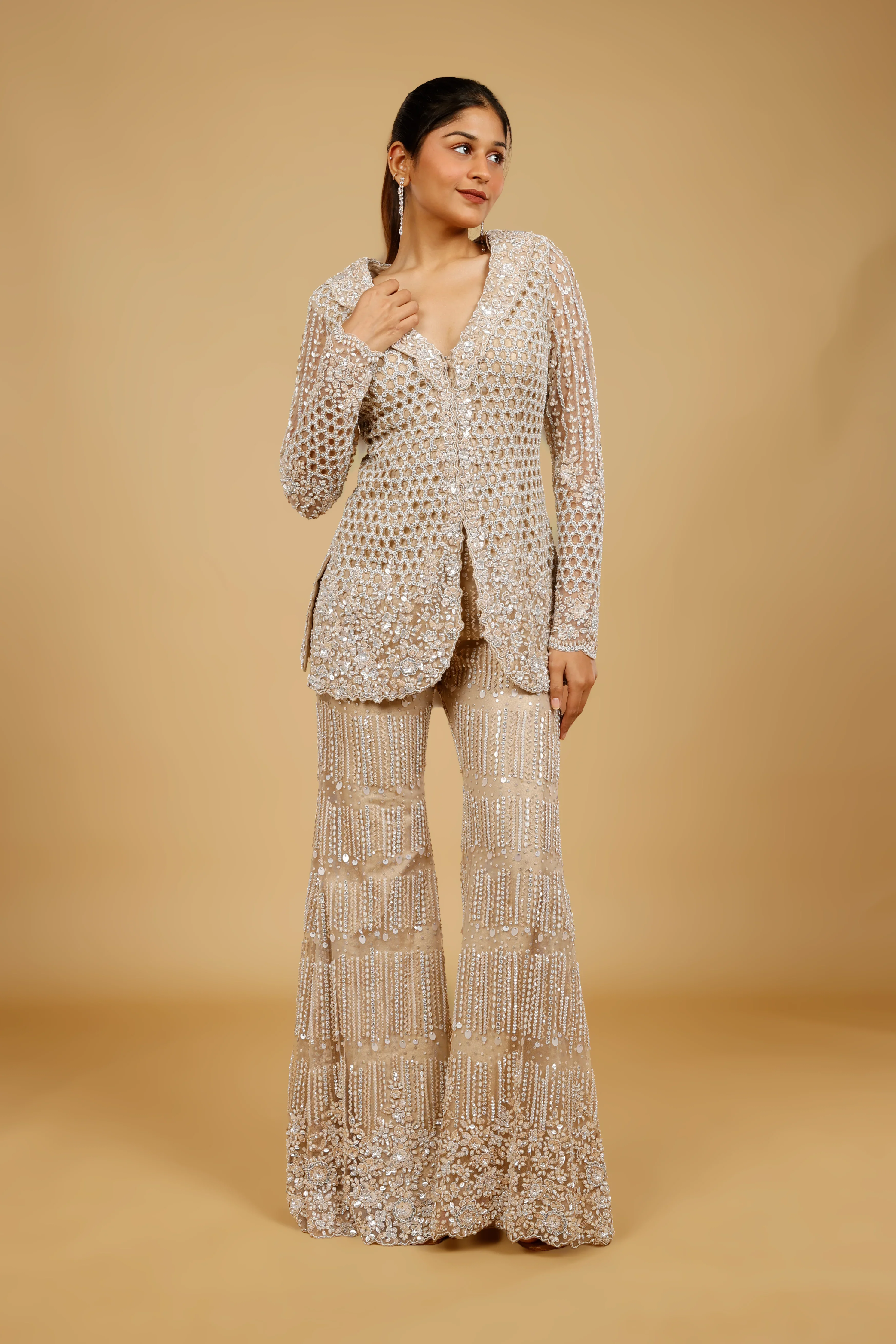Champagne Net Blazer-Style Embroidered Trouser Set - Mokshaa