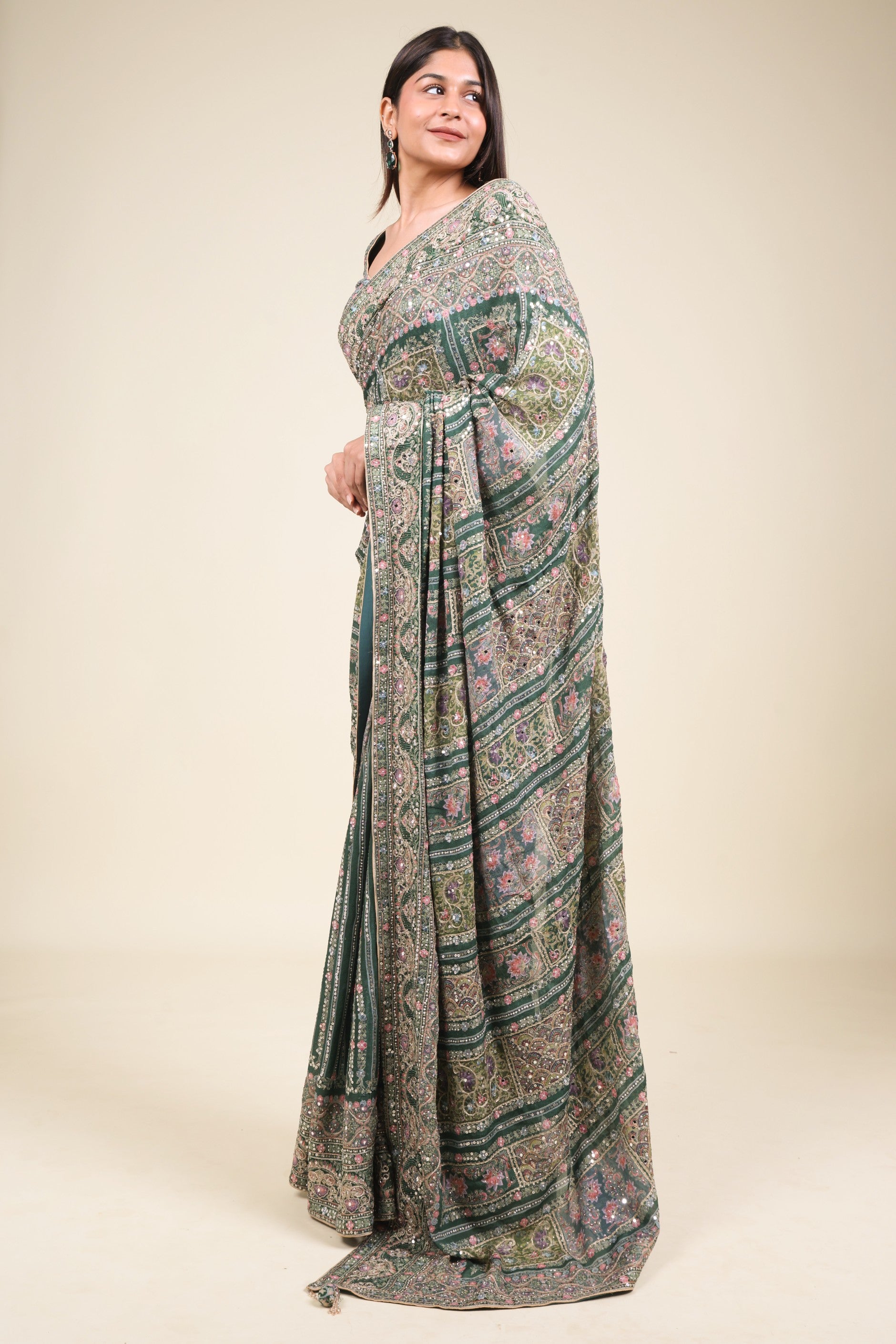Emerald Green Soft Georgette Saree with Digital Print, Sequin & Mirror Highlights - Mokshaa