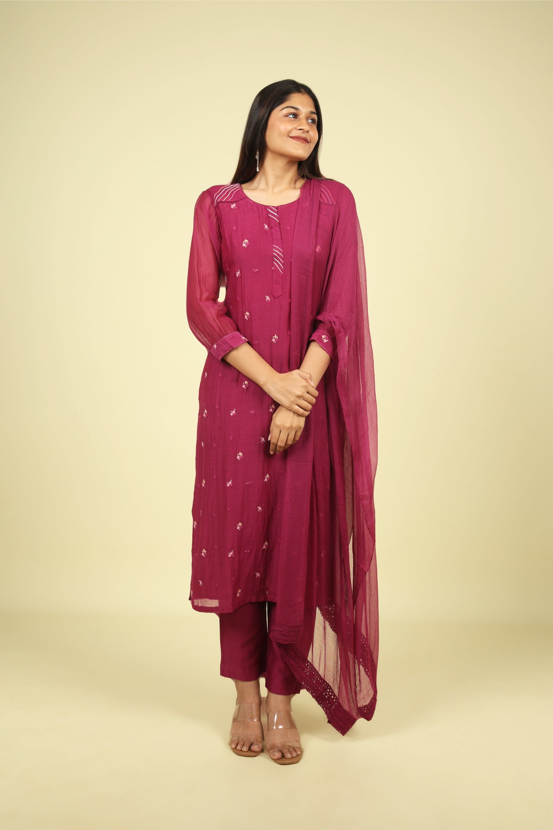 Magenta Mul Chanderi Straight Cut Salwar Set with Chiffon Dupatta - Mokshaa