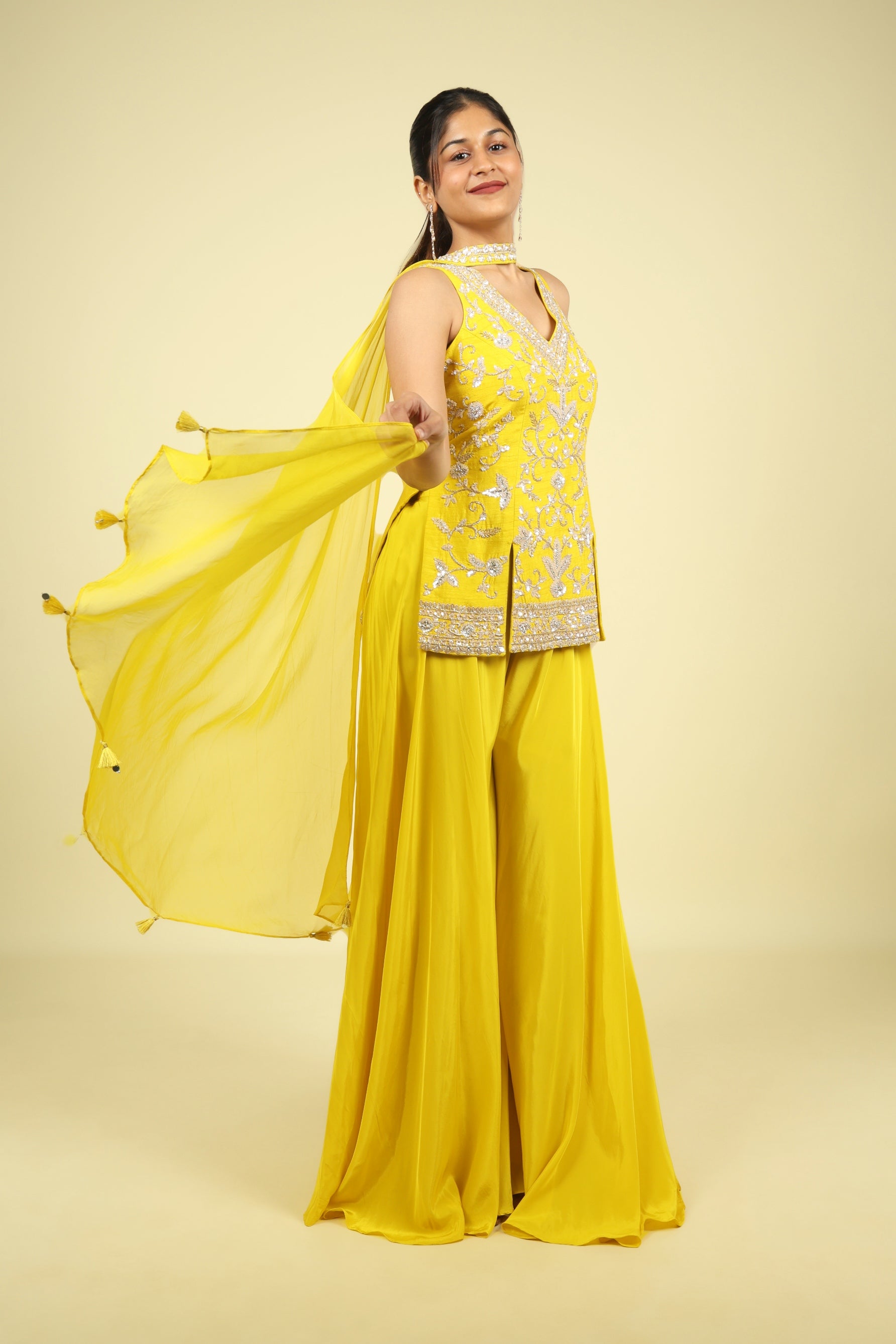 Yellow Silk Embroidered Palazzo Set with Organza Choker Dupatta - Mokshaa