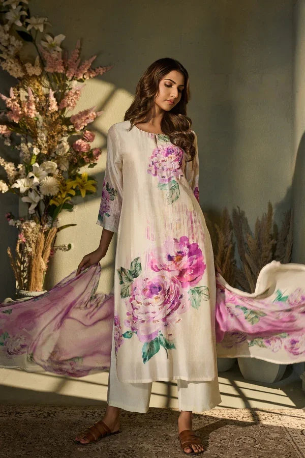 Ivory Muslin Kurta Set with Pink Floral Print & Dupatta - Mokshaa