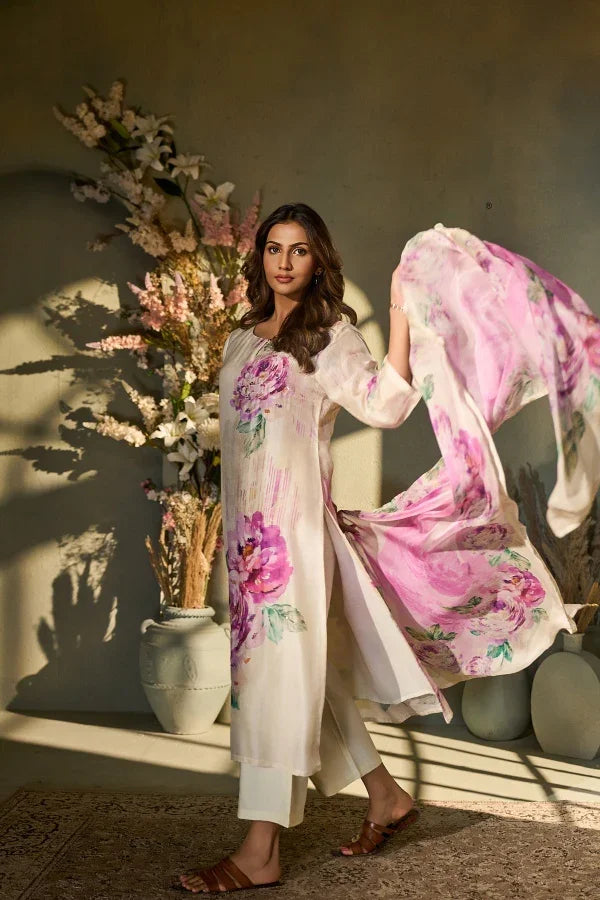 Ivory Muslin Kurta Set with Pink Floral Print & Dupatta - Mokshaa