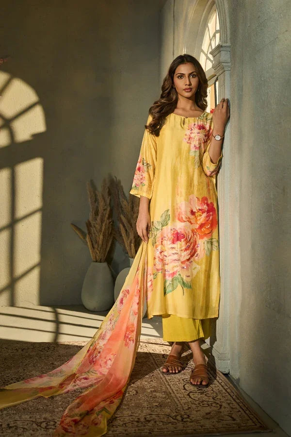 Sunshine Yellow Muslin Kurta Set with Floral Print & Dupatta - Mokshaa