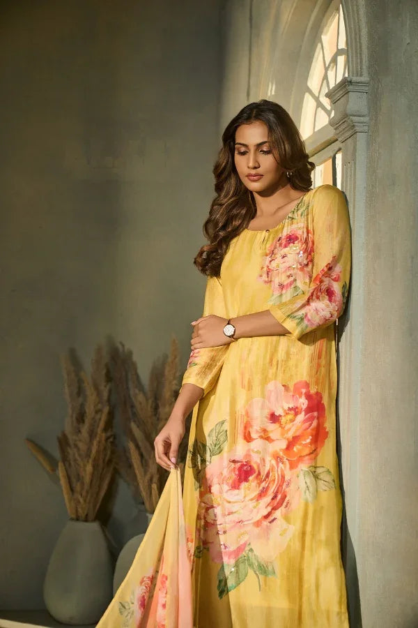 Sunshine Yellow Muslin Kurta Set with Floral Print & Dupatta - Mokshaa