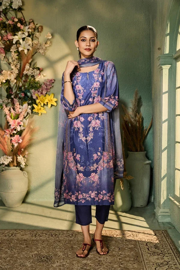 Indigo Blue Muslin Kurta Set with Soft Pink Floral Print & Dupatta - Mokshaa