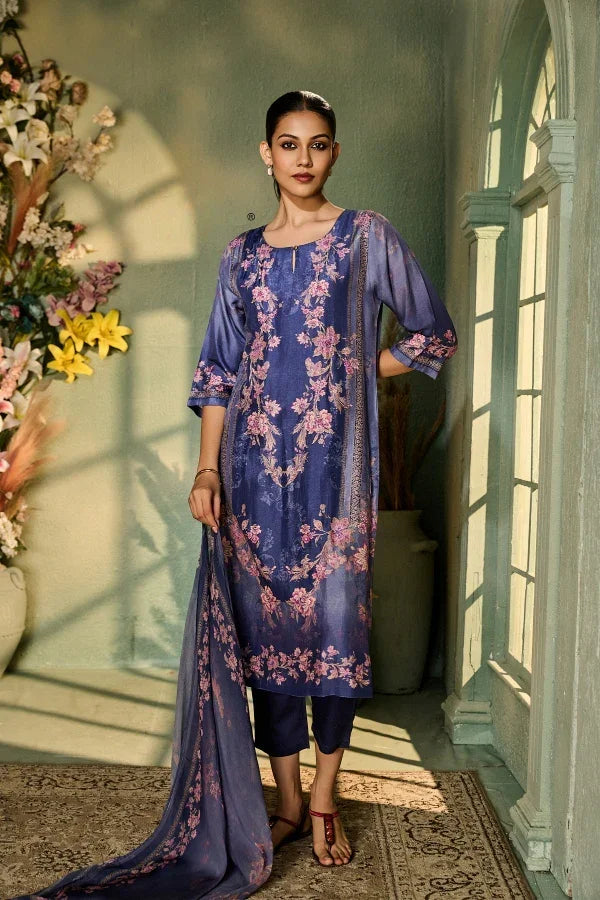 Indigo Blue Muslin Kurta Set with Soft Pink Floral Print & Dupatta - Mokshaa