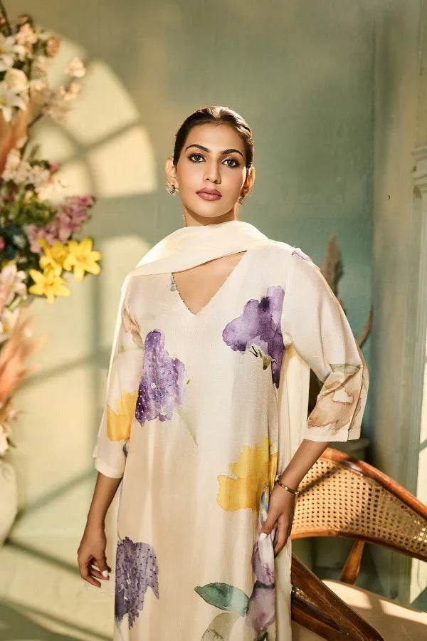 Ivory Muslin Kurta Set with Watercolor Floral Print & Dupatta - Mokshaa