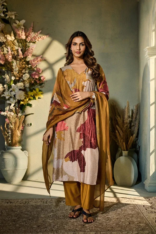 Mustard Abstract Printed Muslin Kurta Set with Dupatta - Mokshaa