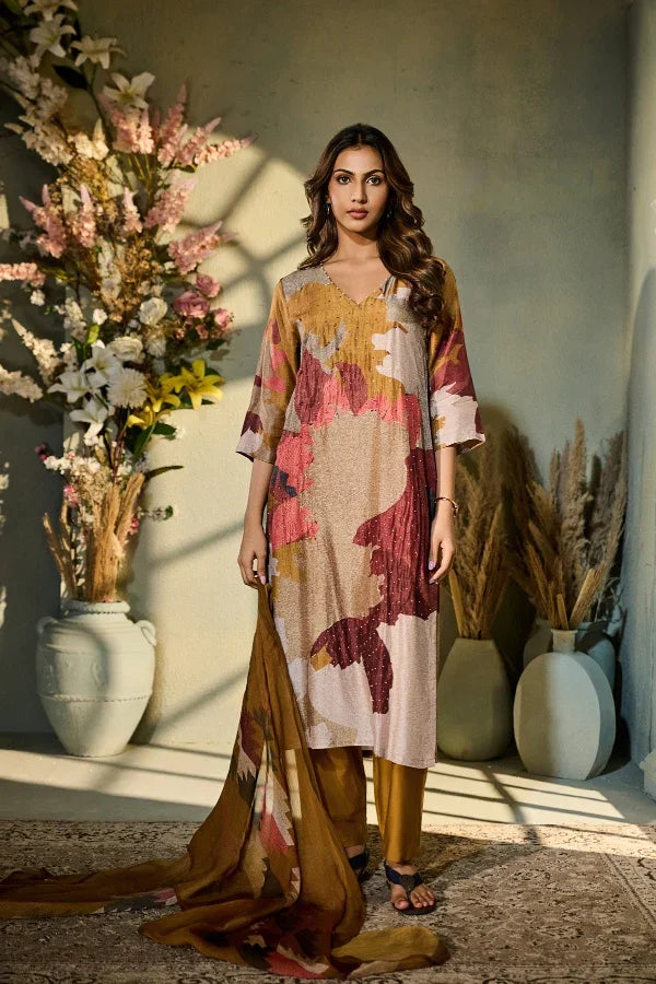 Mustard Abstract Printed Muslin Kurta Set with Dupatta - Mokshaa