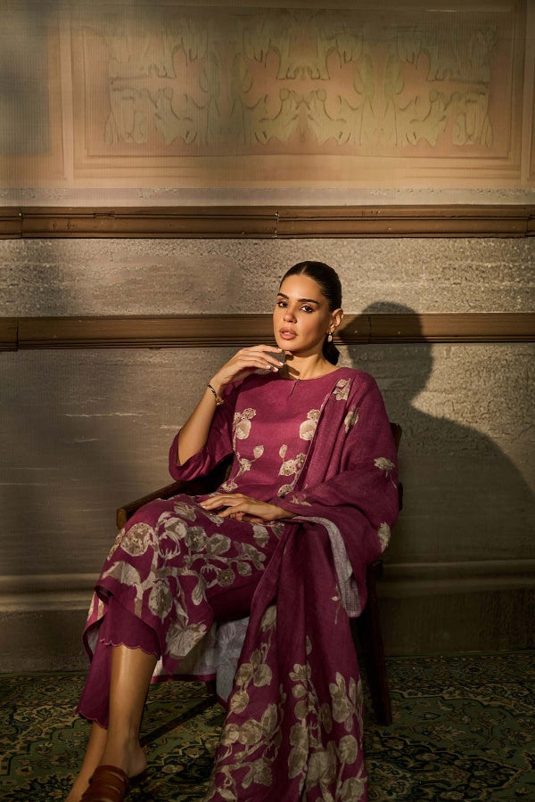 Wine Magenta Linen Floral Printed Kurta Set - Mokshaa