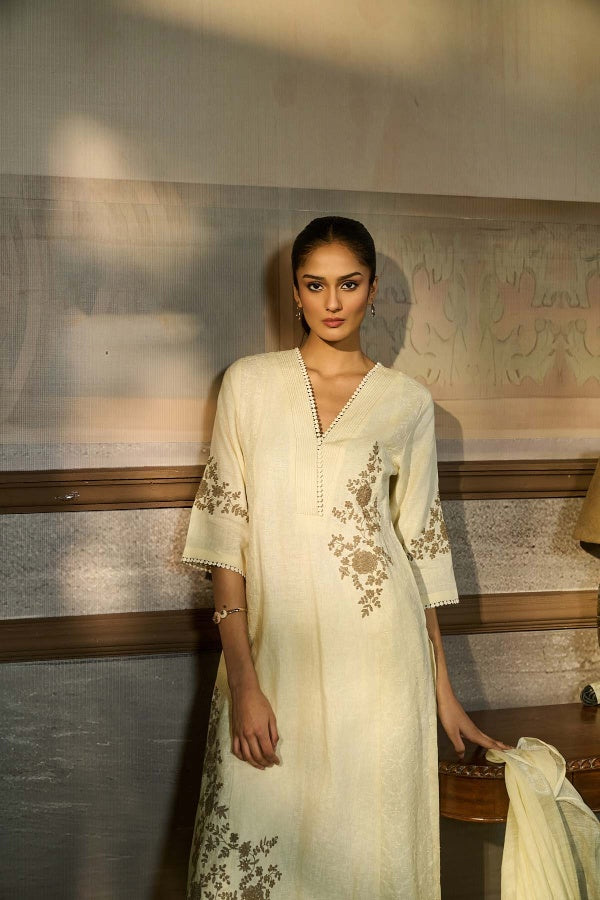 Ivory Linen Kurta Set with Thread Embroidery - Mokshaa