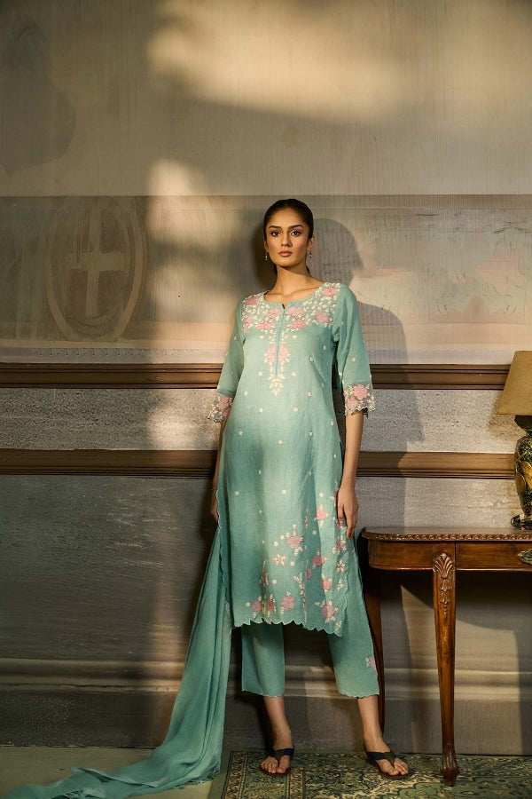 Powder Blue Linen Kurta Set with Floral Thread Embroidery - Mokshaa